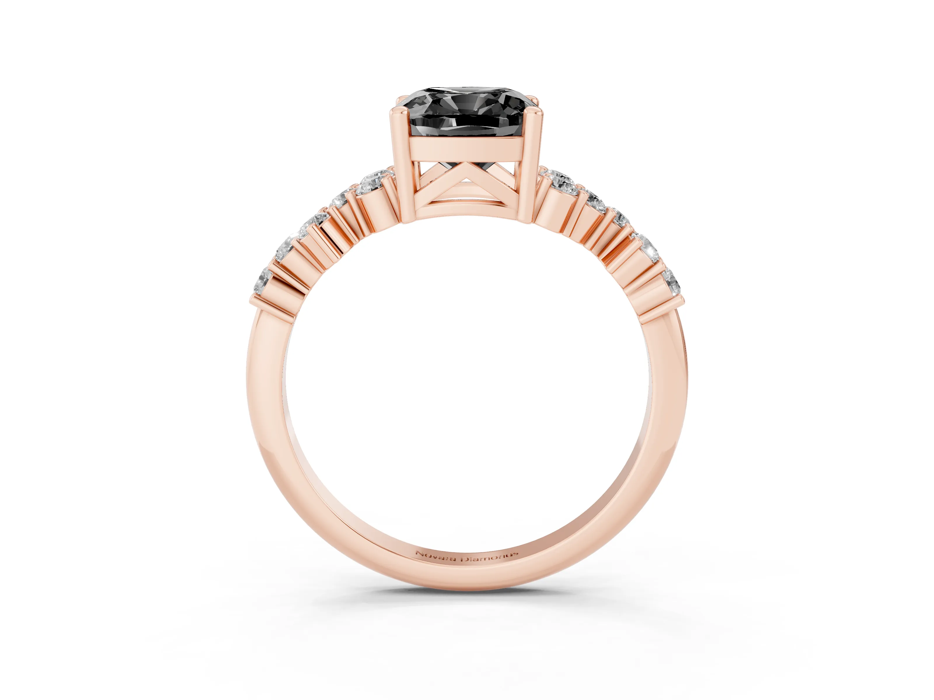 Fancy Black Cushion Cut Diamond Ring Set in Rose gold with Scattered Round Accents