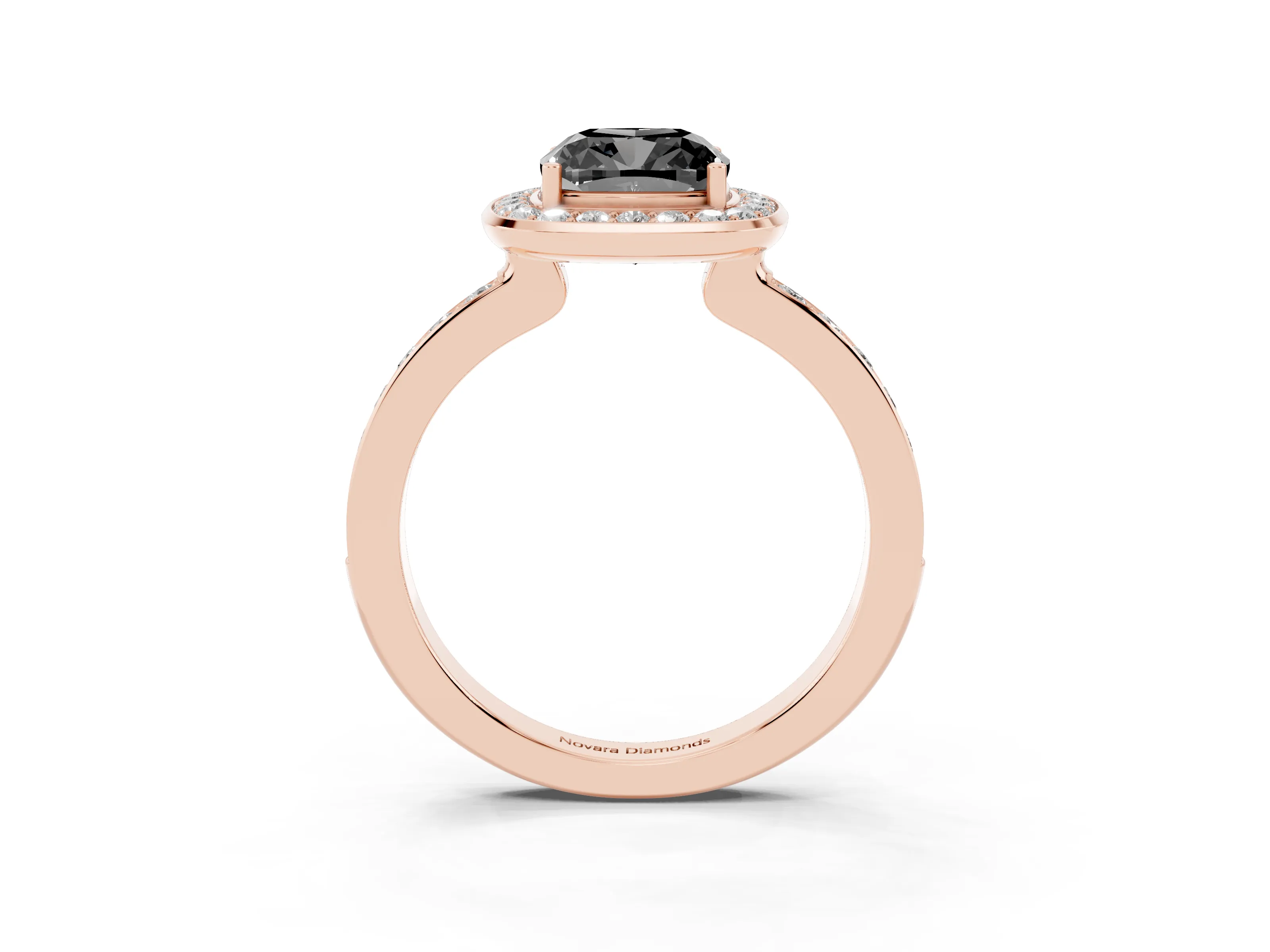 Fancy Black Cushion Cut Diamond Halo Ring Set in Rose gold with Bezel Frame and Pavé Band