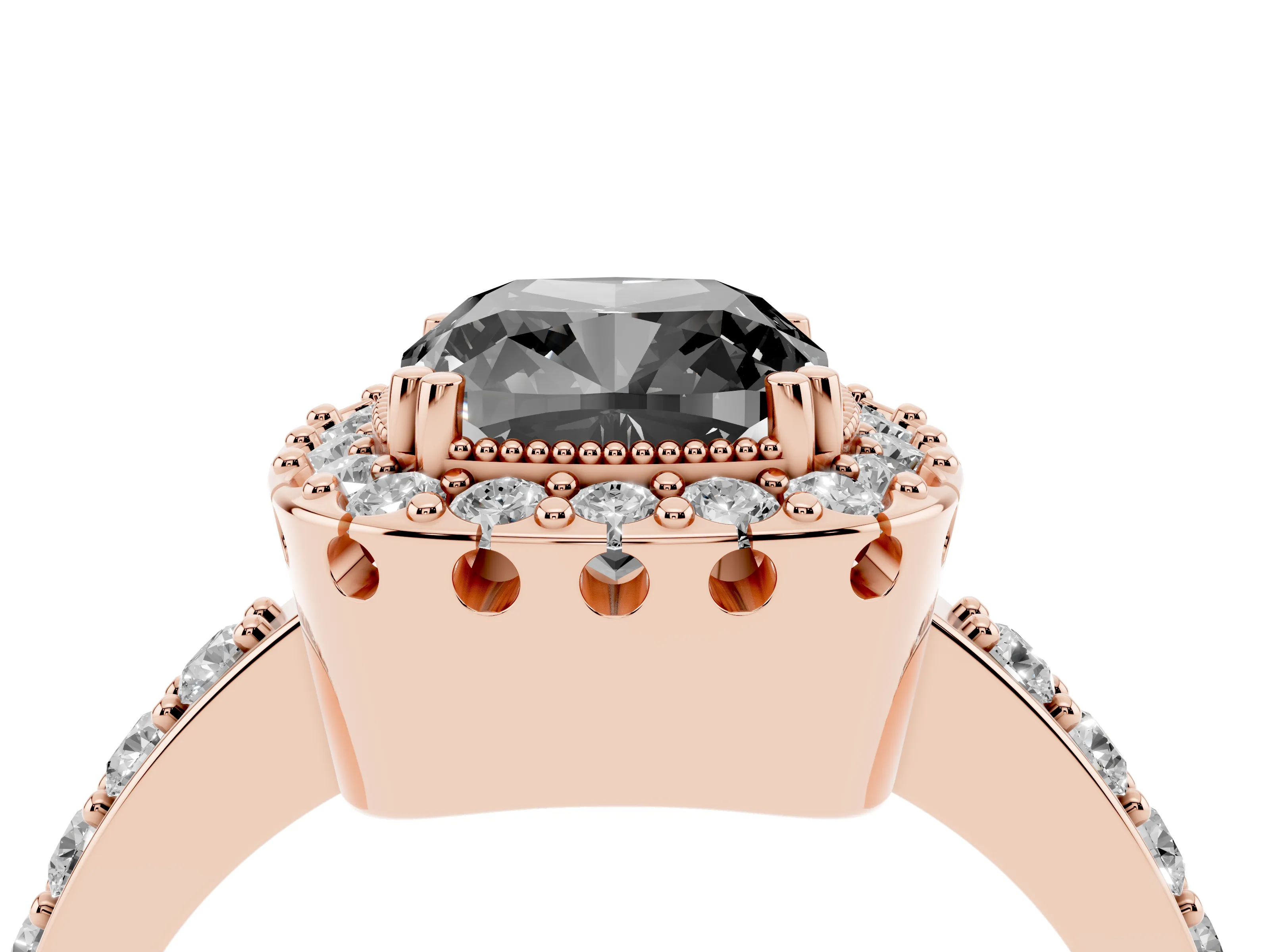 Fancy Black Cushion Cut Diamond Halo Ring Set in Rose gold with Pavé Shank and Prong Setting