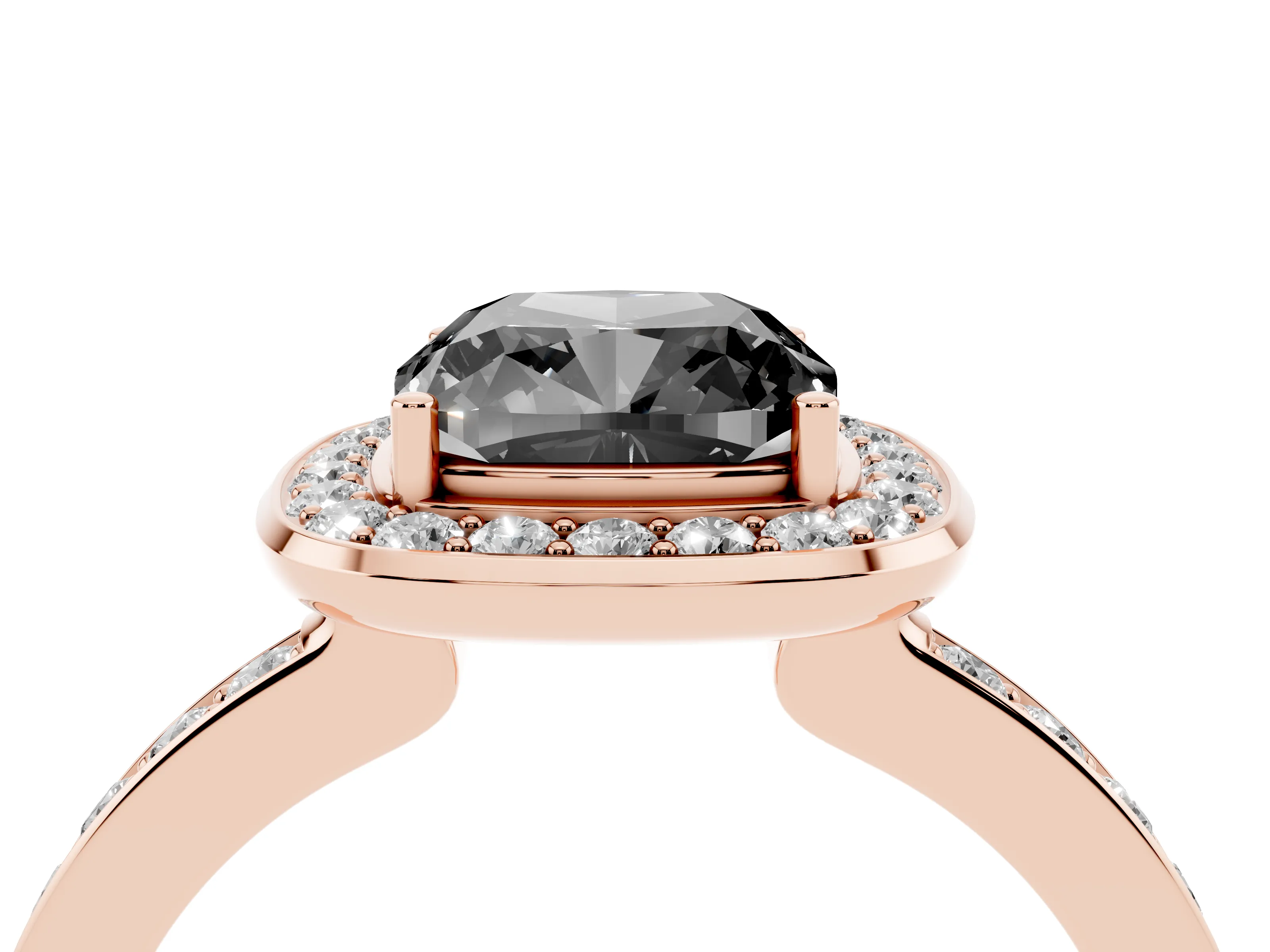Fancy Black Cushion Cut Diamond Halo Ring Set in Rose gold with Bezel Frame and Pavé Band