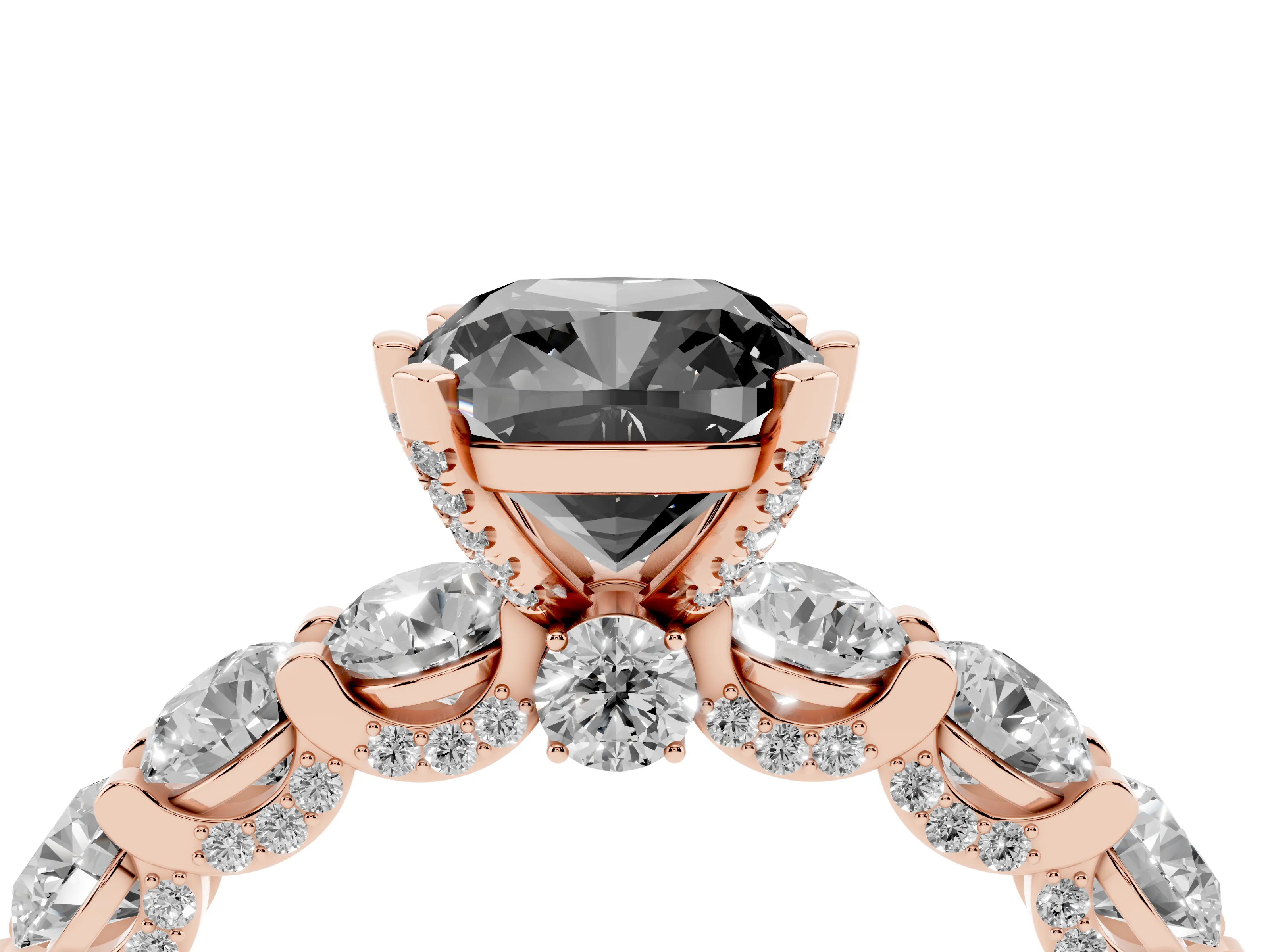 Fancy Black Cushion Cut Diamond Side Stone Ring Set in Rose gold with Alternating Round and Oval Side Stones