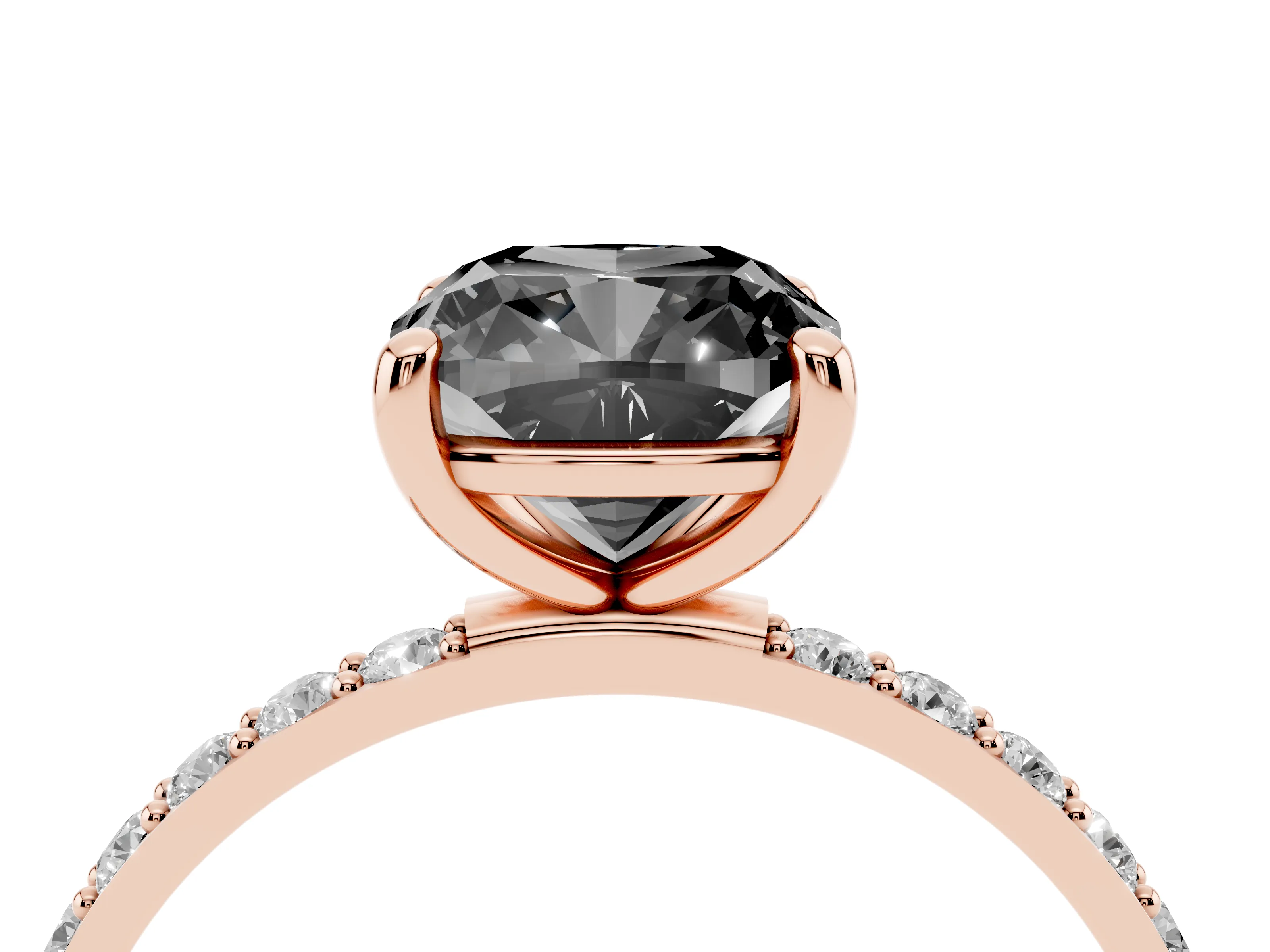Fancy Black Cushion Cut Diamond Solitaire Ring Set in Rose gold with Round Pavé Band and Prong Setting