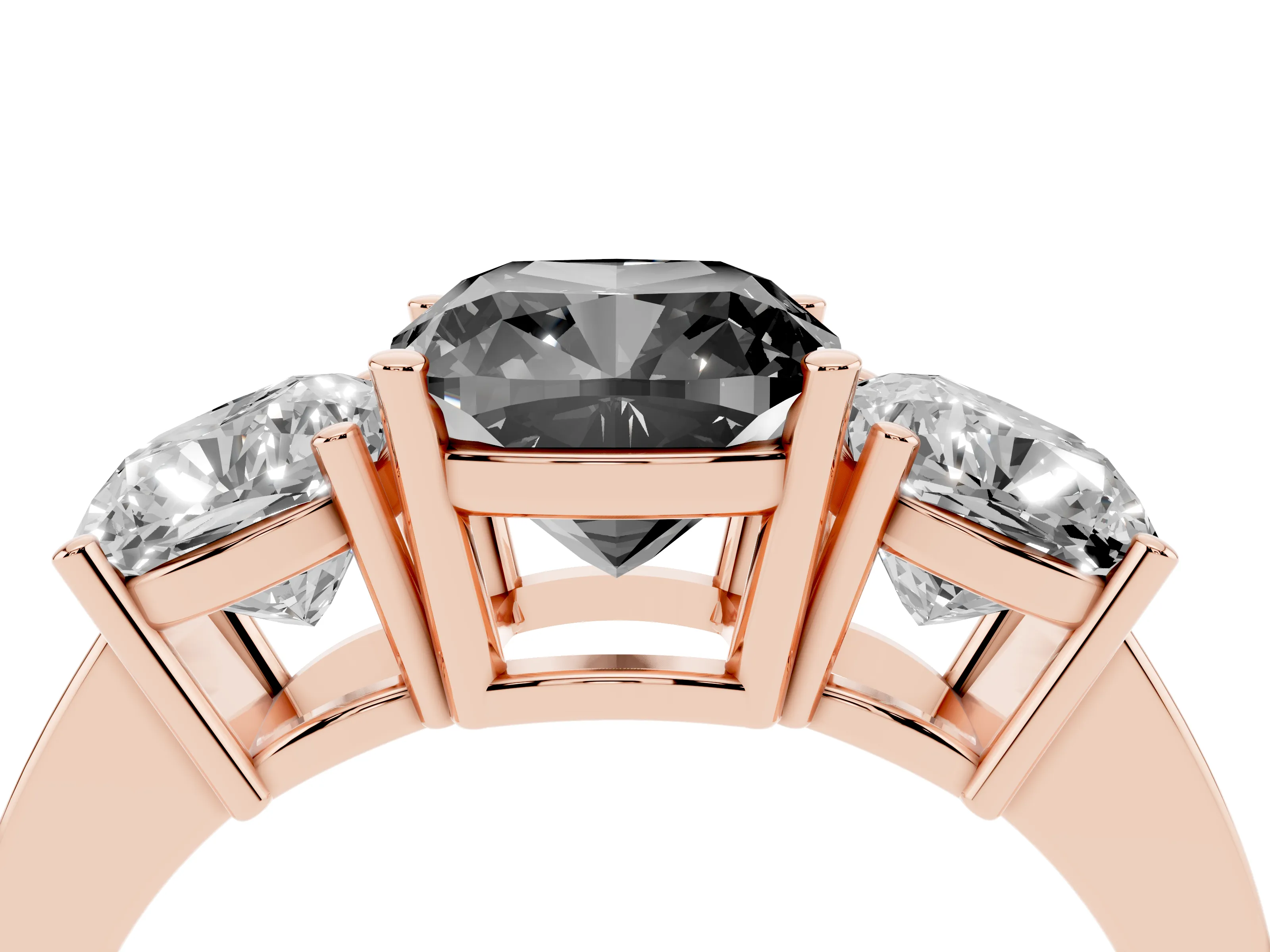 Fancy Black Cushion Cut Diamond Three-Stone Engagement Ring Set in Rose gold with Flat Band