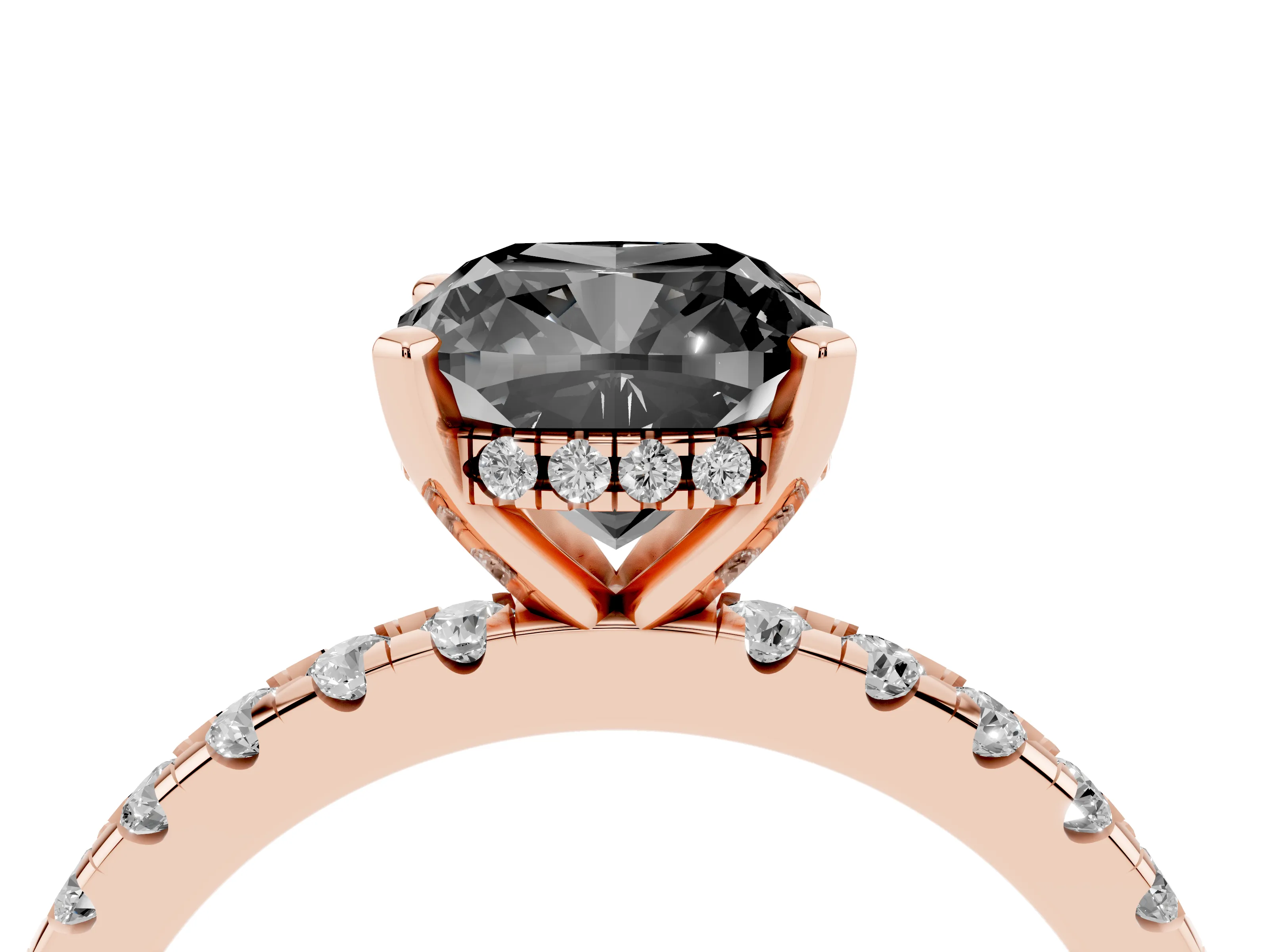 Fancy Black Cushion Cut Diamond Pavé Solitaire Ring Set in Rose gold with Round Band Accents and Prong Setting