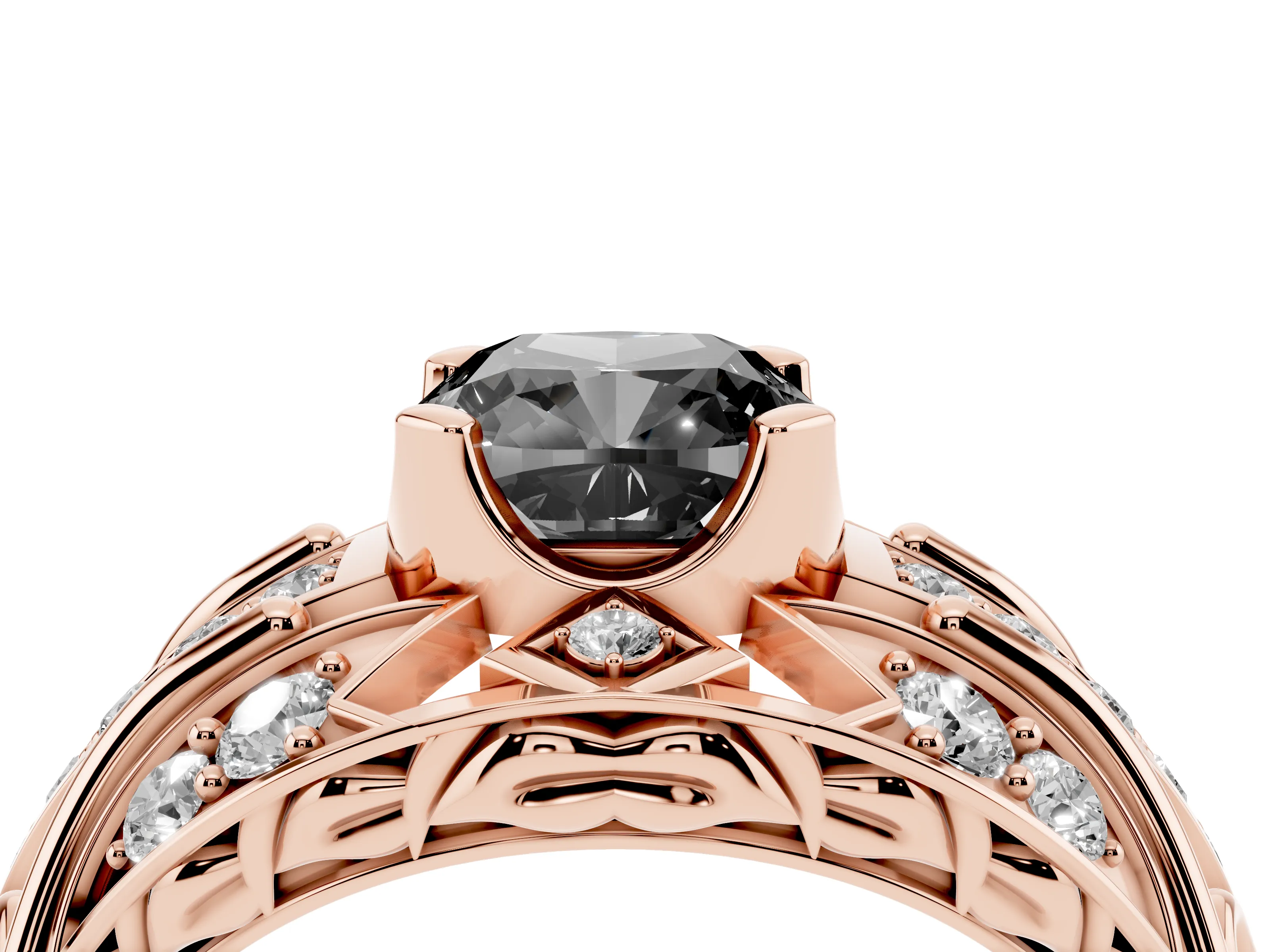 Fancy Black Cushion Cut Diamond Art Deco Ring Set in Rose gold with Pavé Split Shank