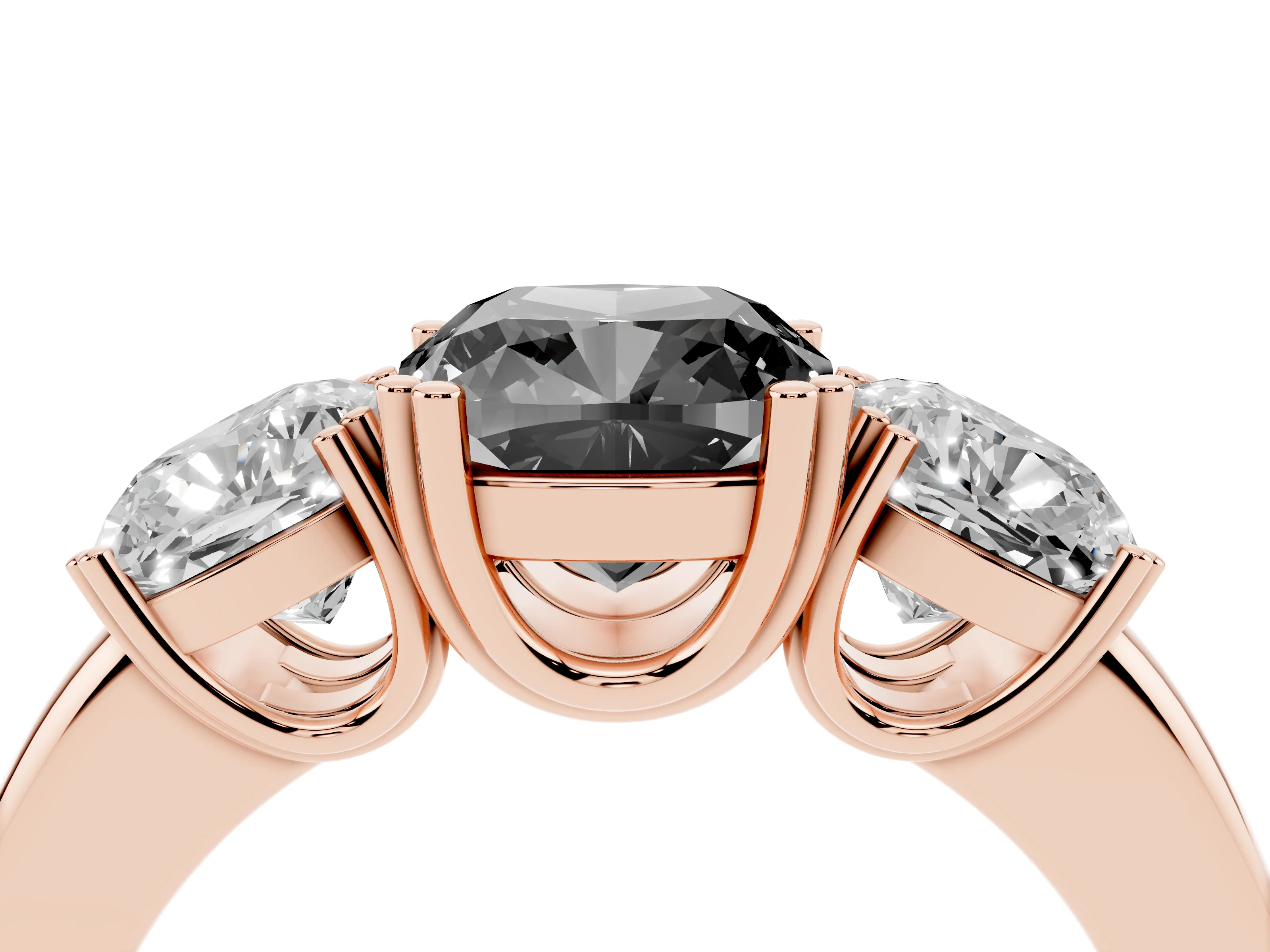 Fancy Black Cushion Cut Diamond Three-Stone Ring Set in Rose gold with Polished Band and Prong Setting