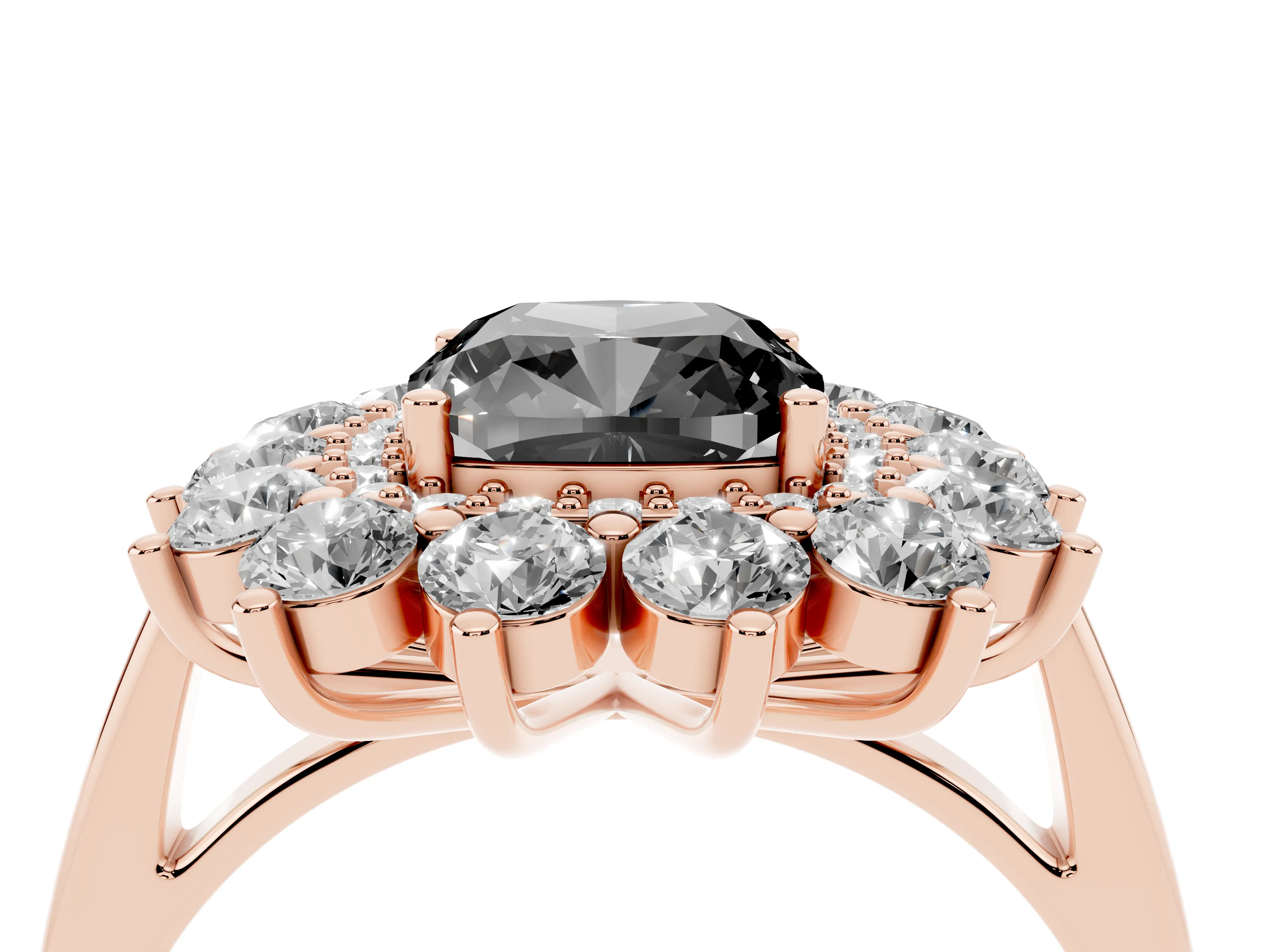 Fancy Black Cushion Cut Diamond Floral Double Halo Ring Set in Rose gold with Round Petals