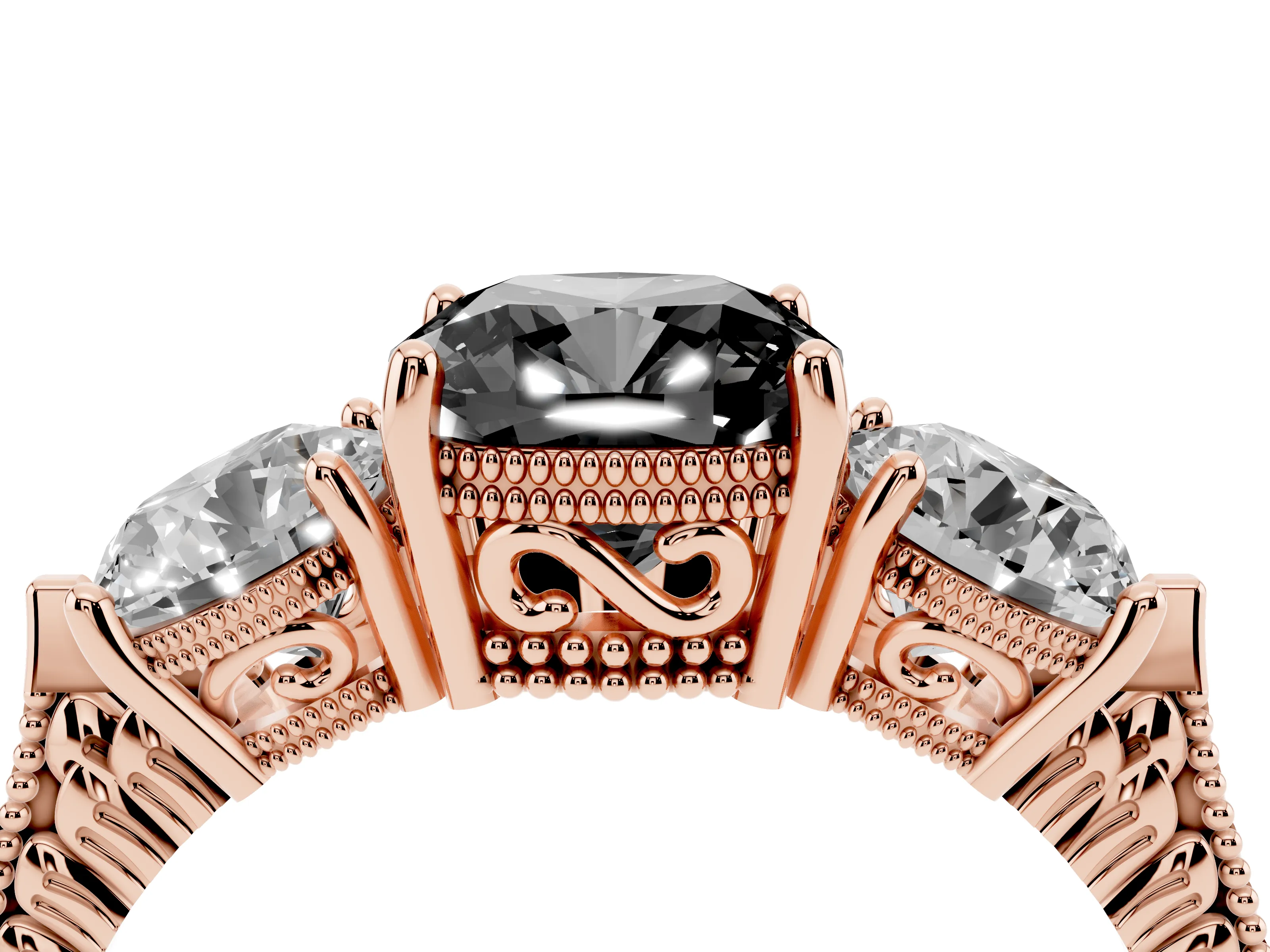 Fancy Black Cushion Cut Diamond Three-Stone Ring Set in Rose gold with Milgrain Band