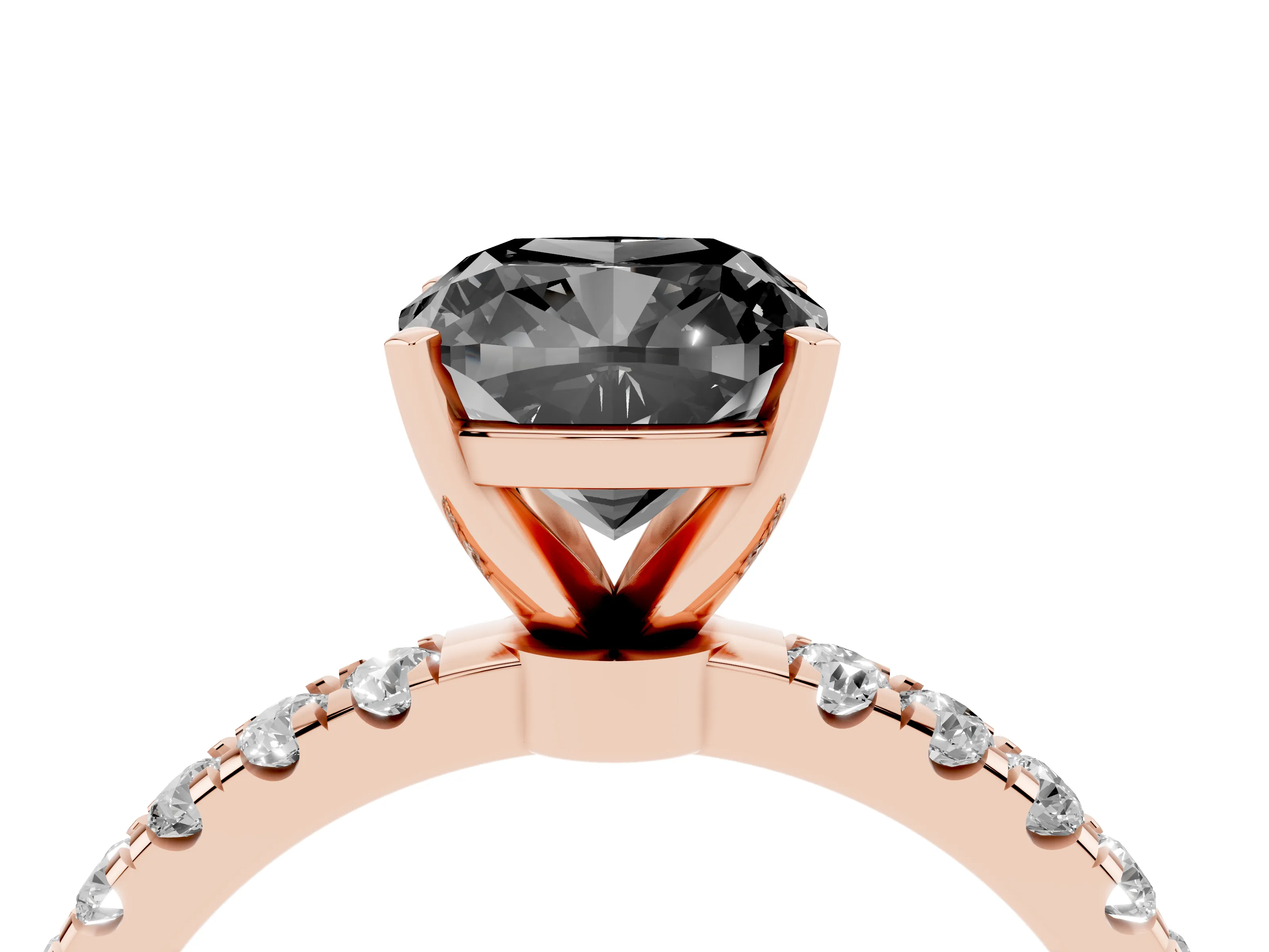 Fancy Black Cushion Cut Diamond Solitaire Ring Set in Rose gold with Pavé Accents and Prong Setting