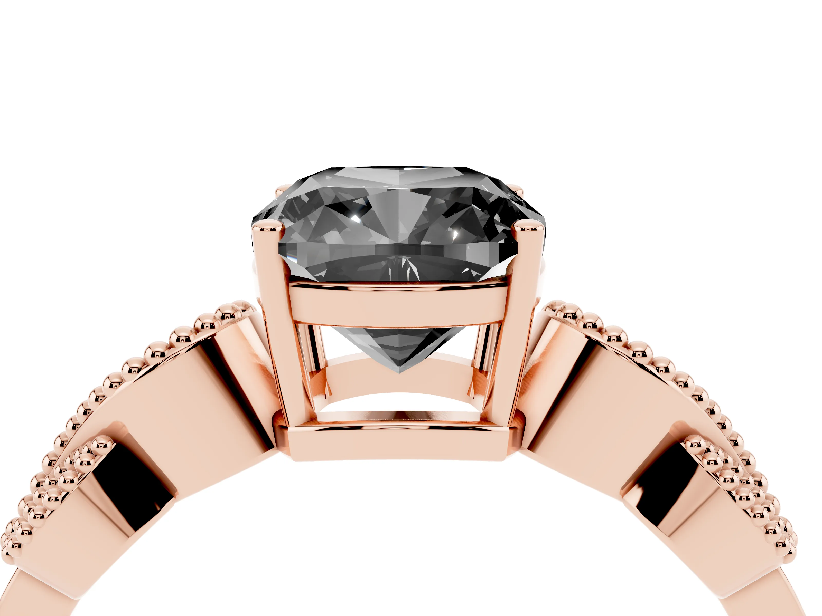 Fancy Black Cushion Cut Diamond Milgrain Leaf Band Solitaire Ring Set in Rose gold with Accent Stones and Prong Setting