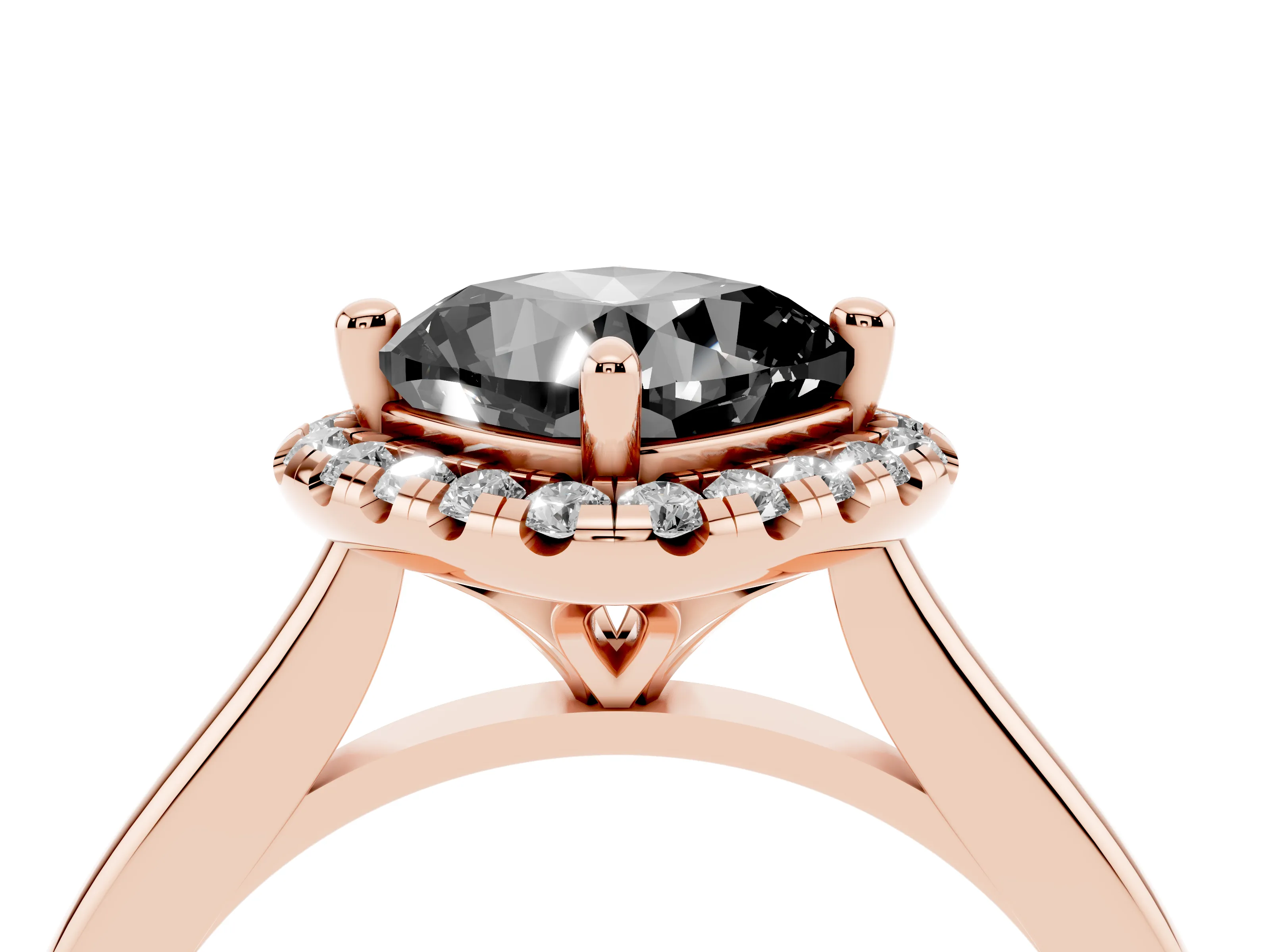 Fancy Black Cushion Cut Diamond Halo Engagement Ring Set in Rose gold with Pavé Band and Rising Shoulders