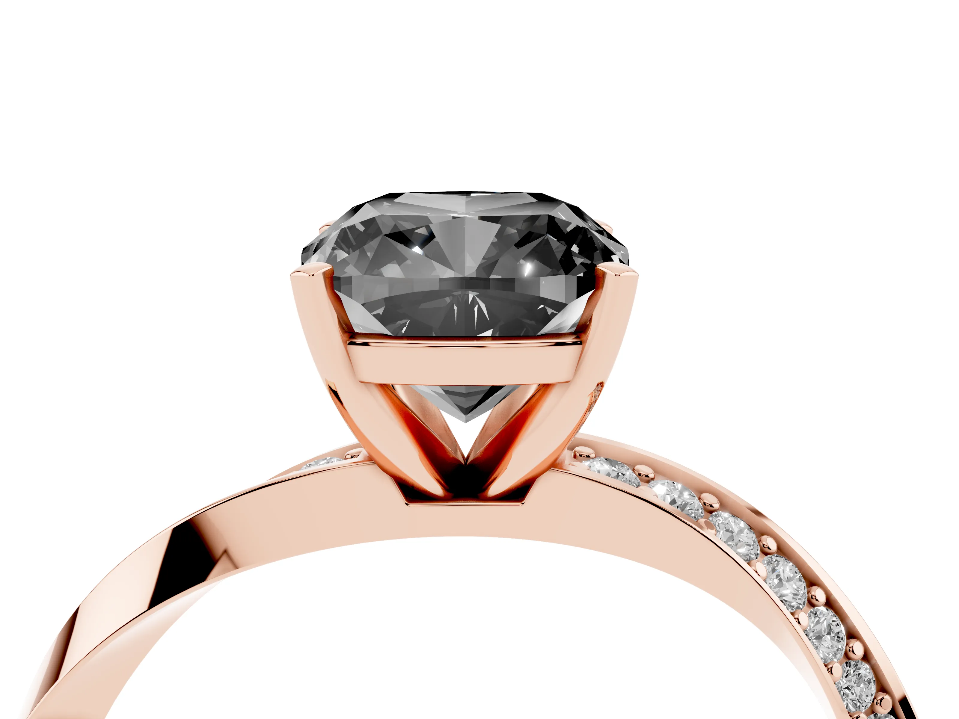 Fancy Black Cushion Cut Diamond Engagement Ring Set in Rose gold with Side Stone Accents and Prong Setting