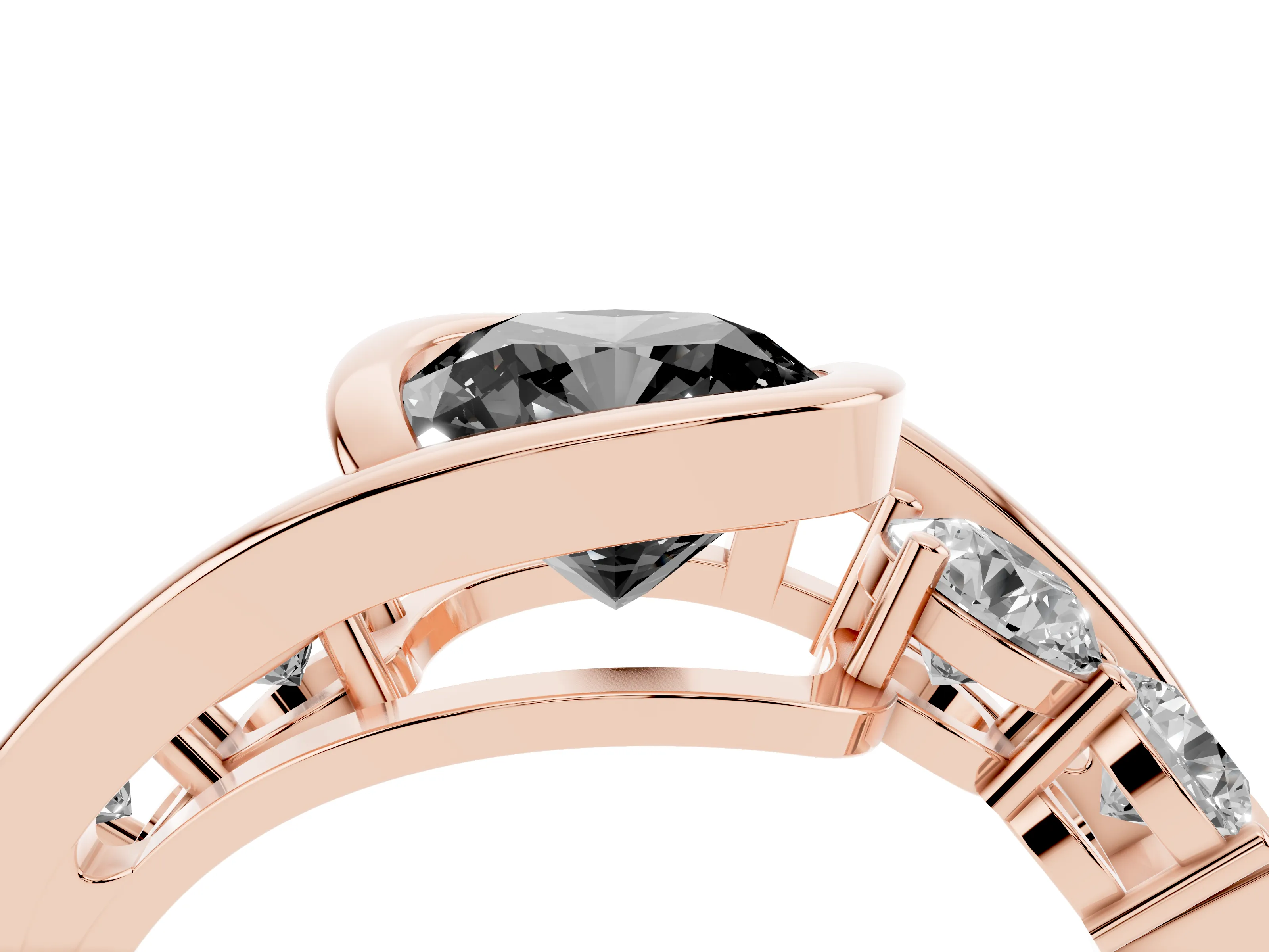 Fancy Black Cushion Cut Diamond Bezel Bypass Ring Set in Rose gold with Round Accents