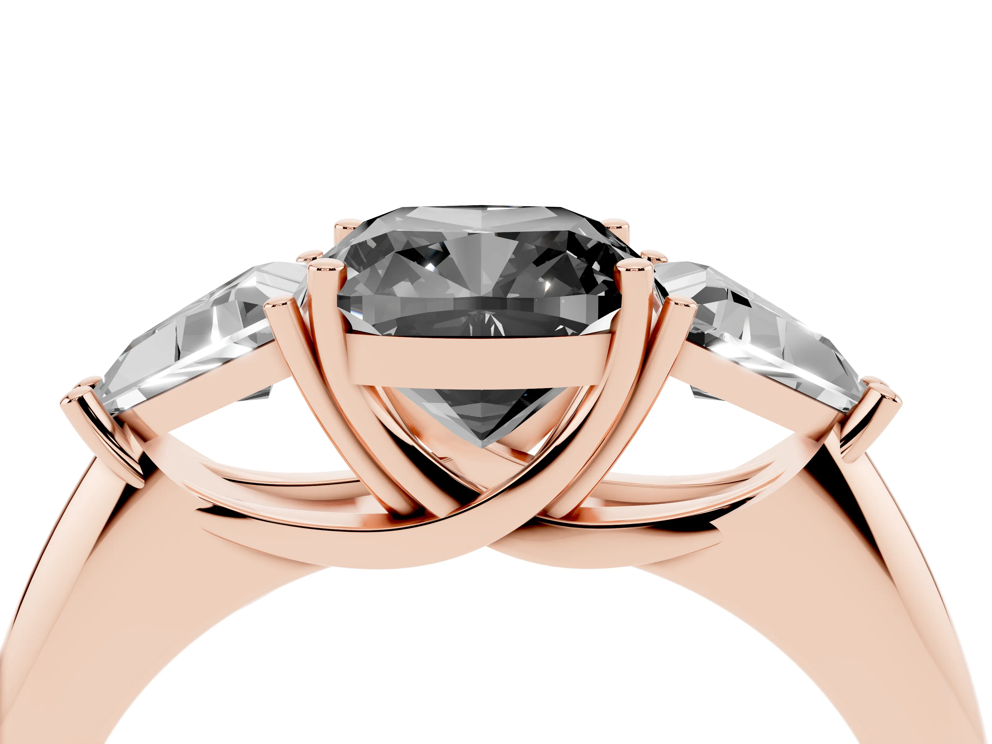 Fancy Black Cushion Cut Diamond Three-Stone Engagement Ring Set in Rose gold with Trillion Side Stones