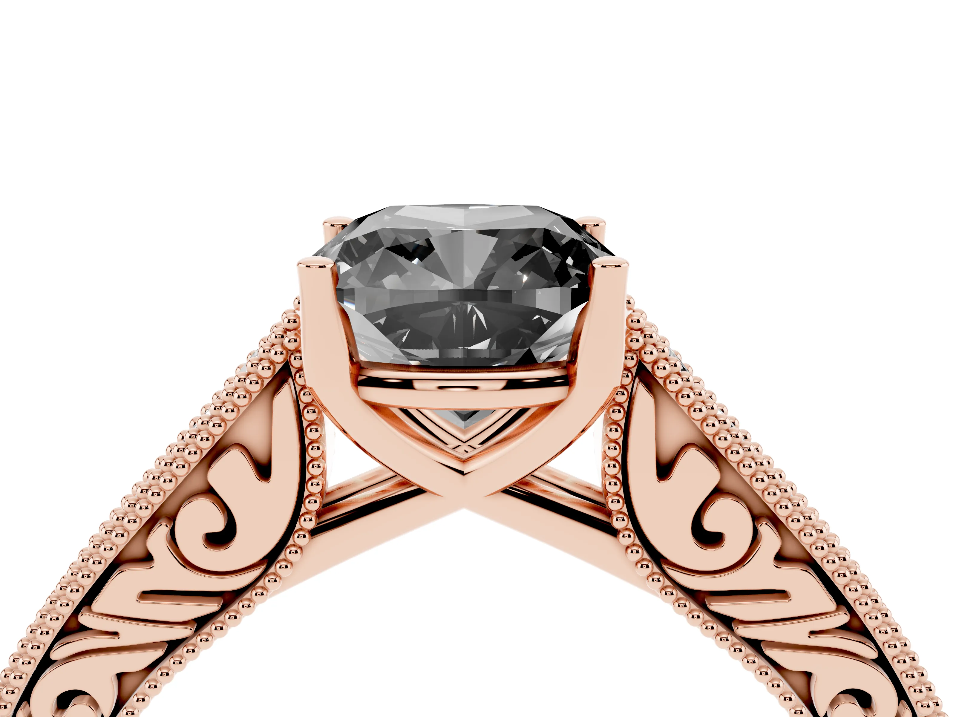 Fancy Black Cushion Cut Diamond Milgrain Pavé Band Solitaire Ring Set in Rose gold with Prong Setting
