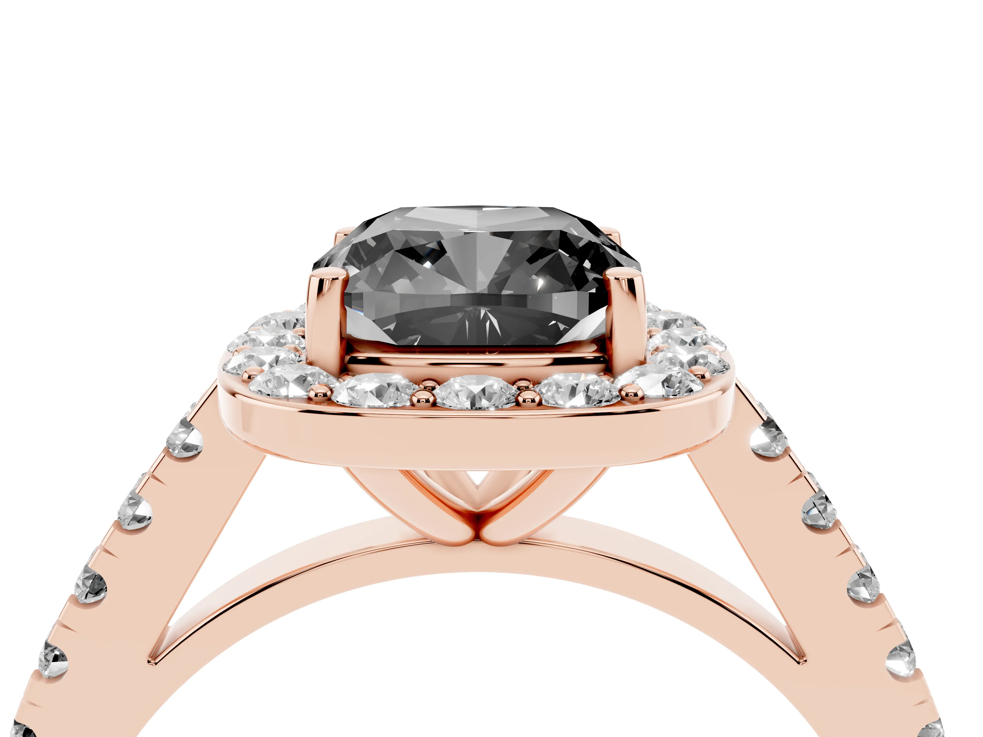 Fancy Black Cushion Cut Diamond Halo Ring Set in Rose gold with Round Pavé Split Shank and Prong Setting