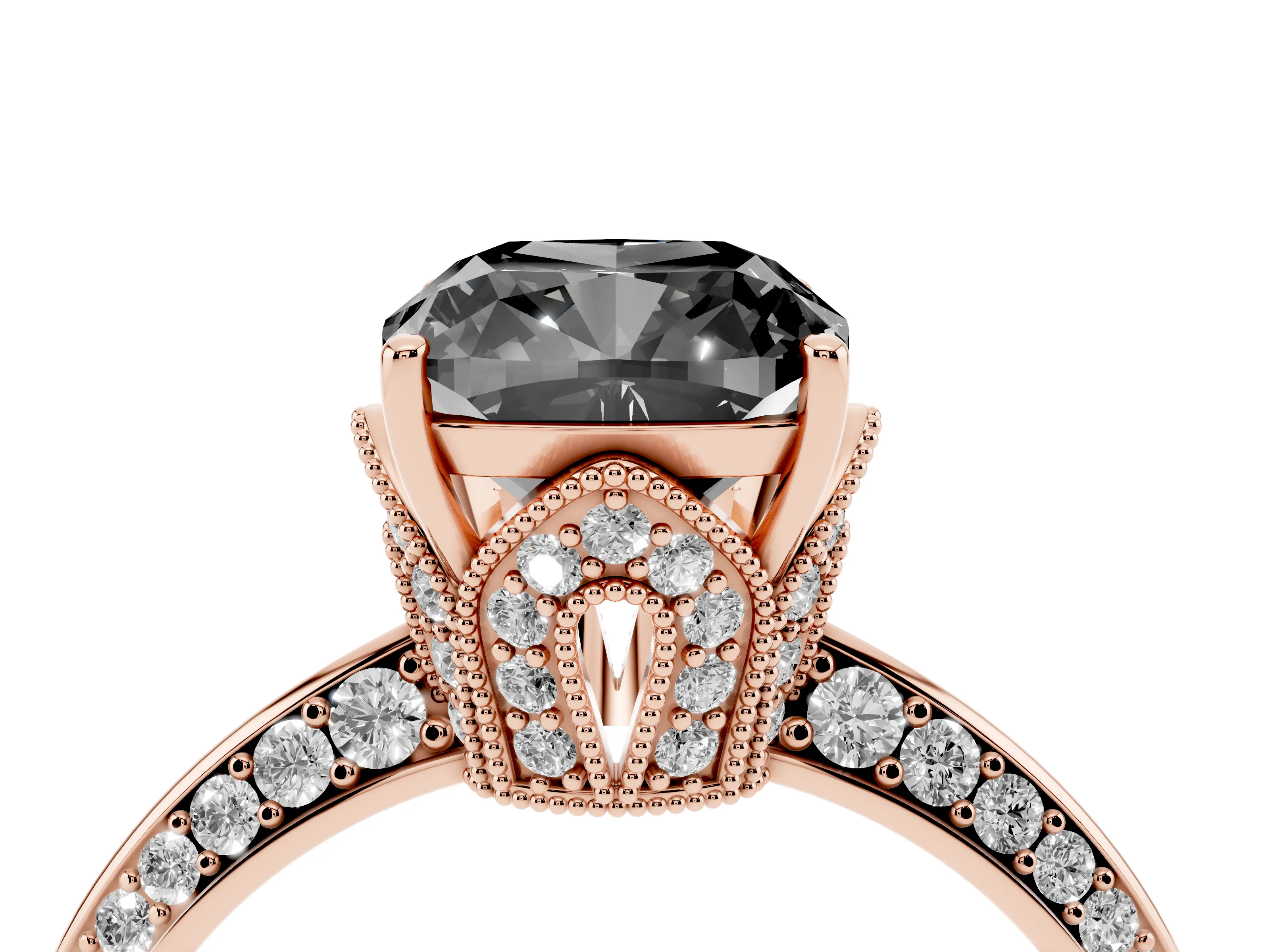 Fancy Black Cushion Cut Diamond Solitaire Engagement Ring Set in Rose gold with Pavé Split Shank and Prong Setting