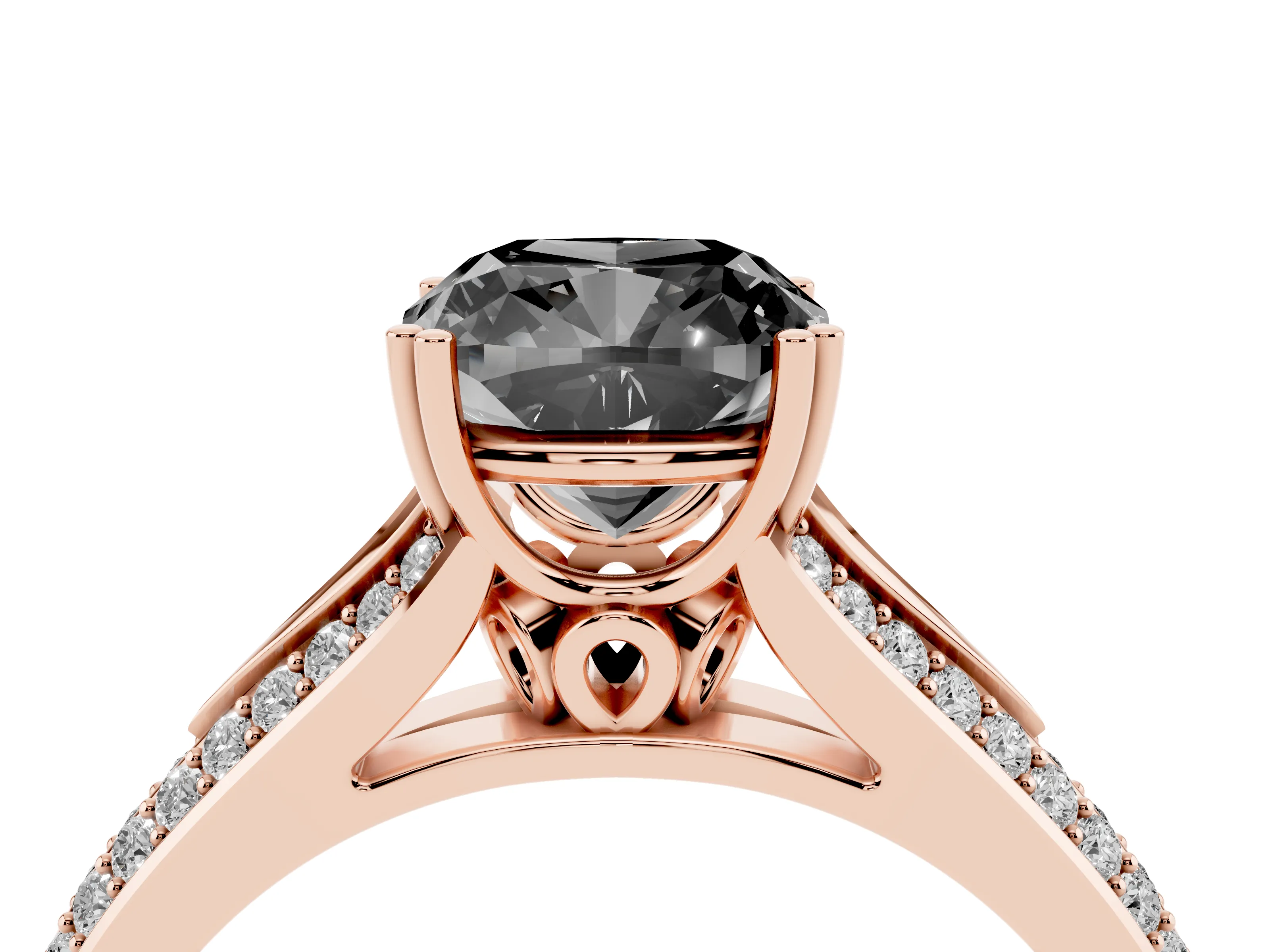 Fancy Black Cushion Cut Diamond Split Shank Pavé Engagement Ring Set in Rose gold with Prong-Set Center Stone