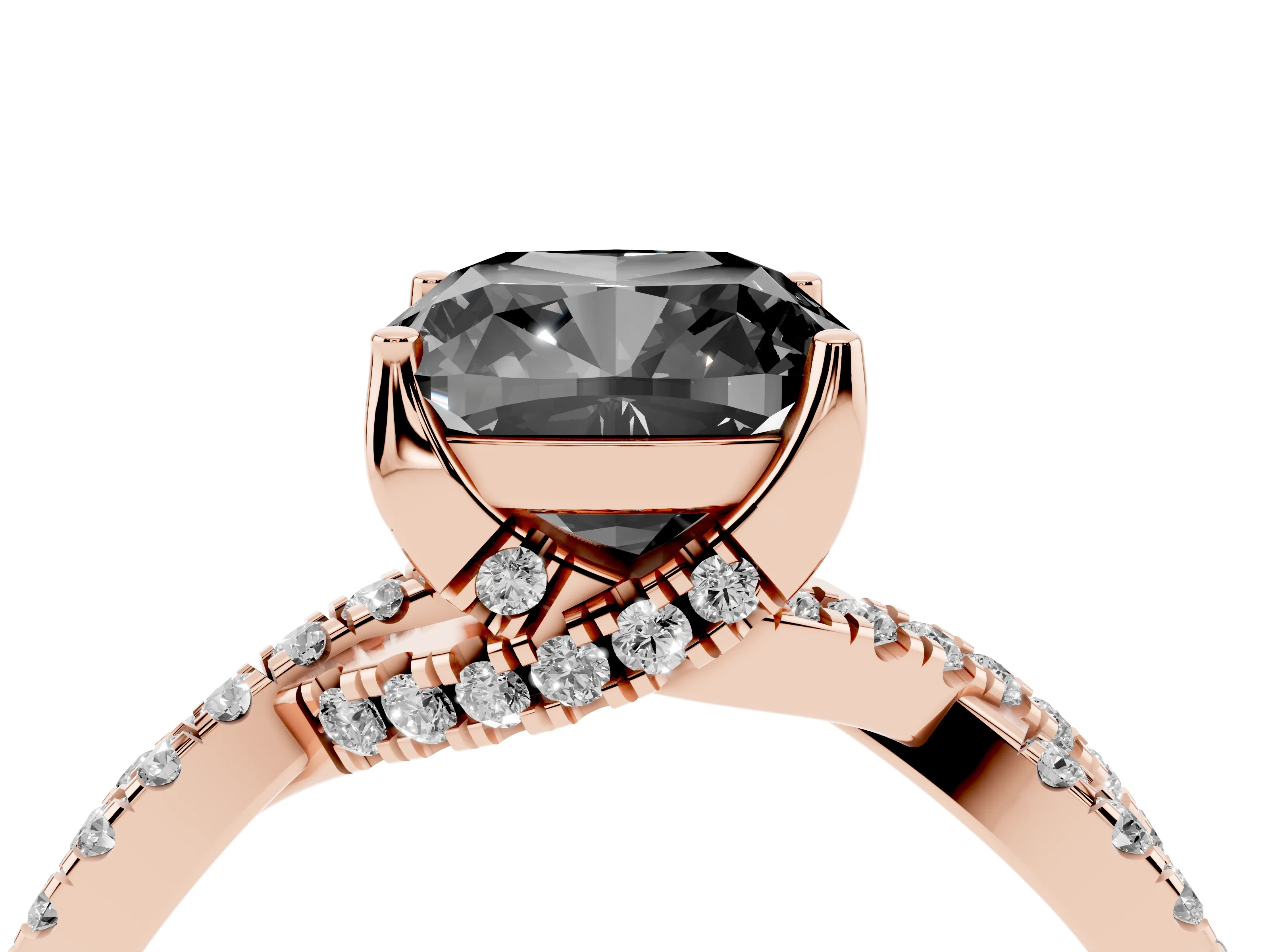 Fancy Black Cushion Cut Diamond Twist Pavé Solitaire Engagement Ring Set in Rose gold with Prong Setting
