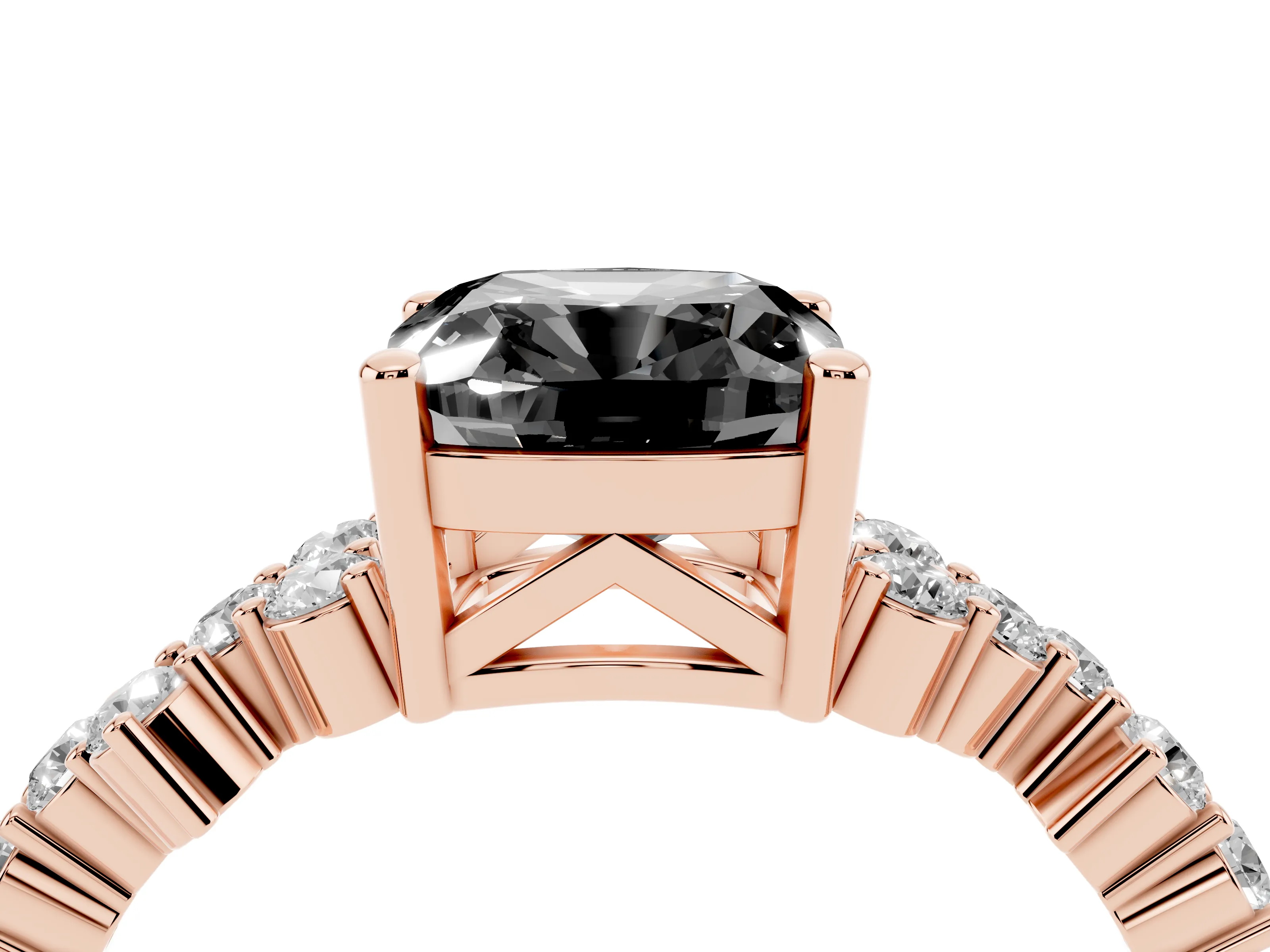 Fancy Black Cushion Cut Diamond Ring Set in Rose gold with Scattered Round Accents