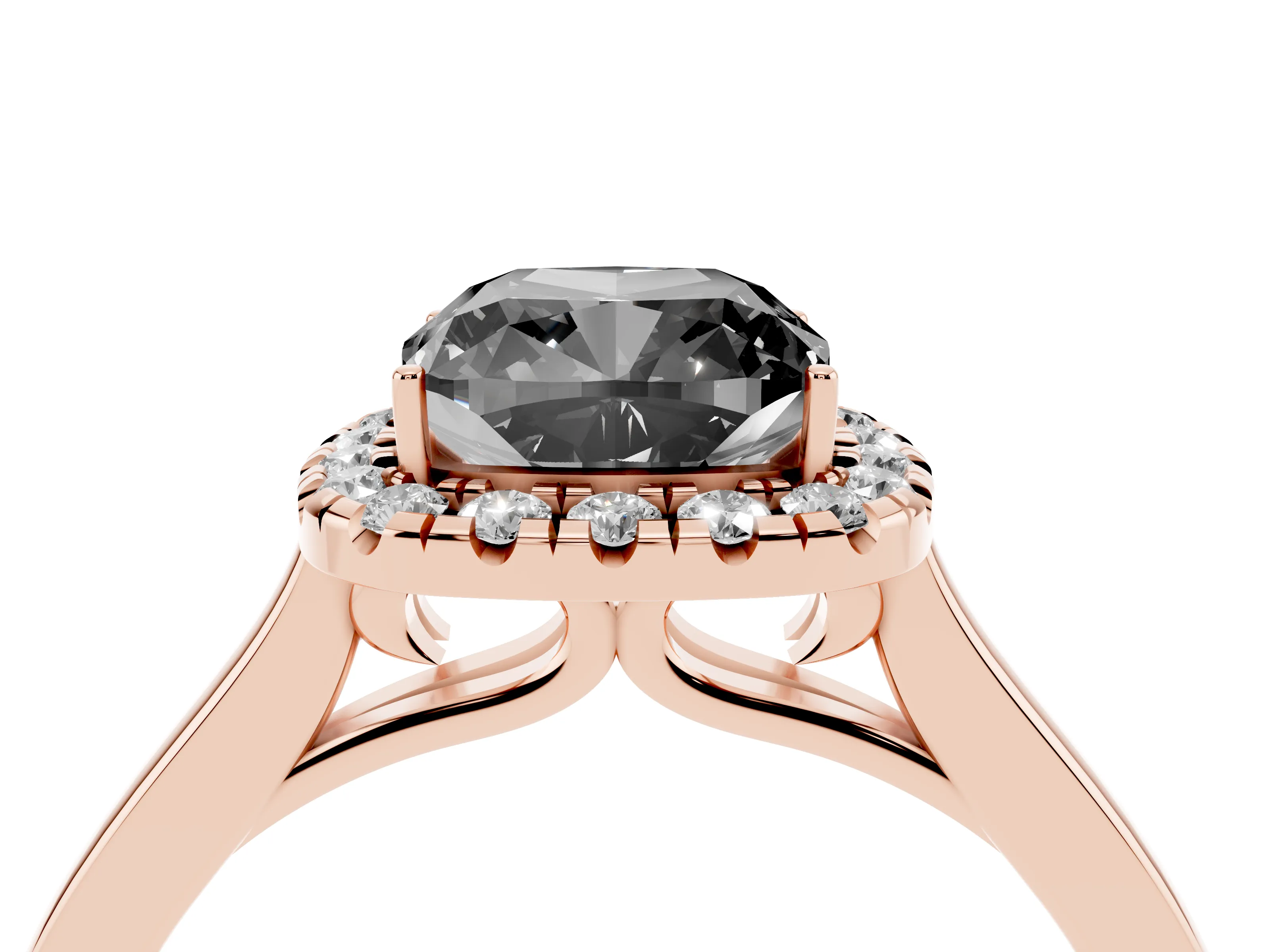 Fancy Black Cushion Cut Halo Round Diamond Solitaire Ring Set in Rose gold with Pavé Band and Prong Setting