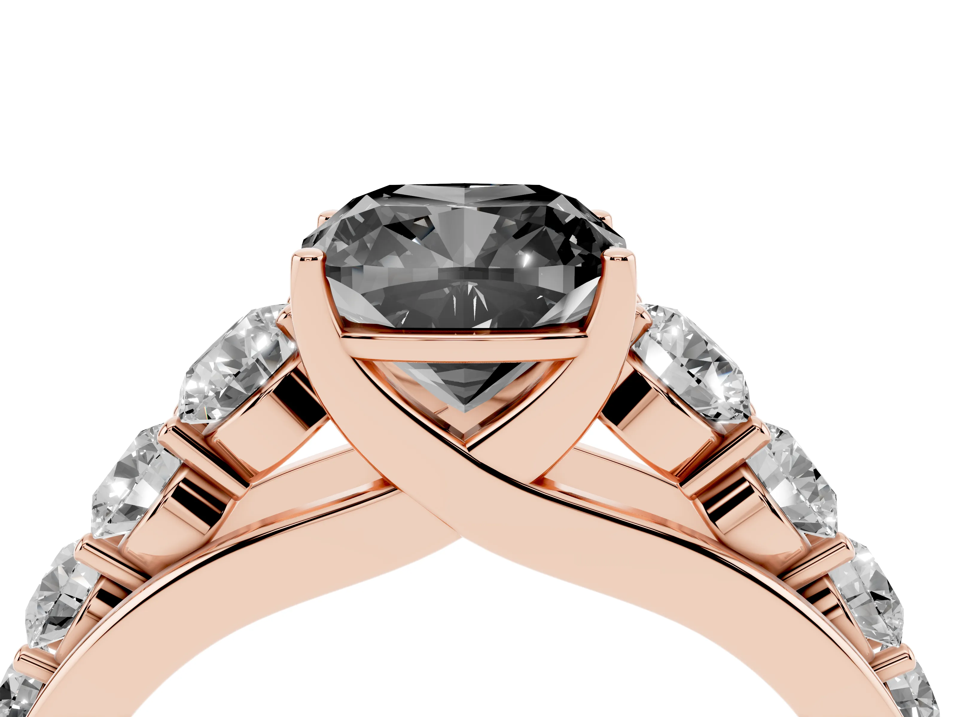 Fancy Black Cushion Cut Diamond Solitaire Ring Set in Rose gold with Pavé-Set Band and Prong Setting