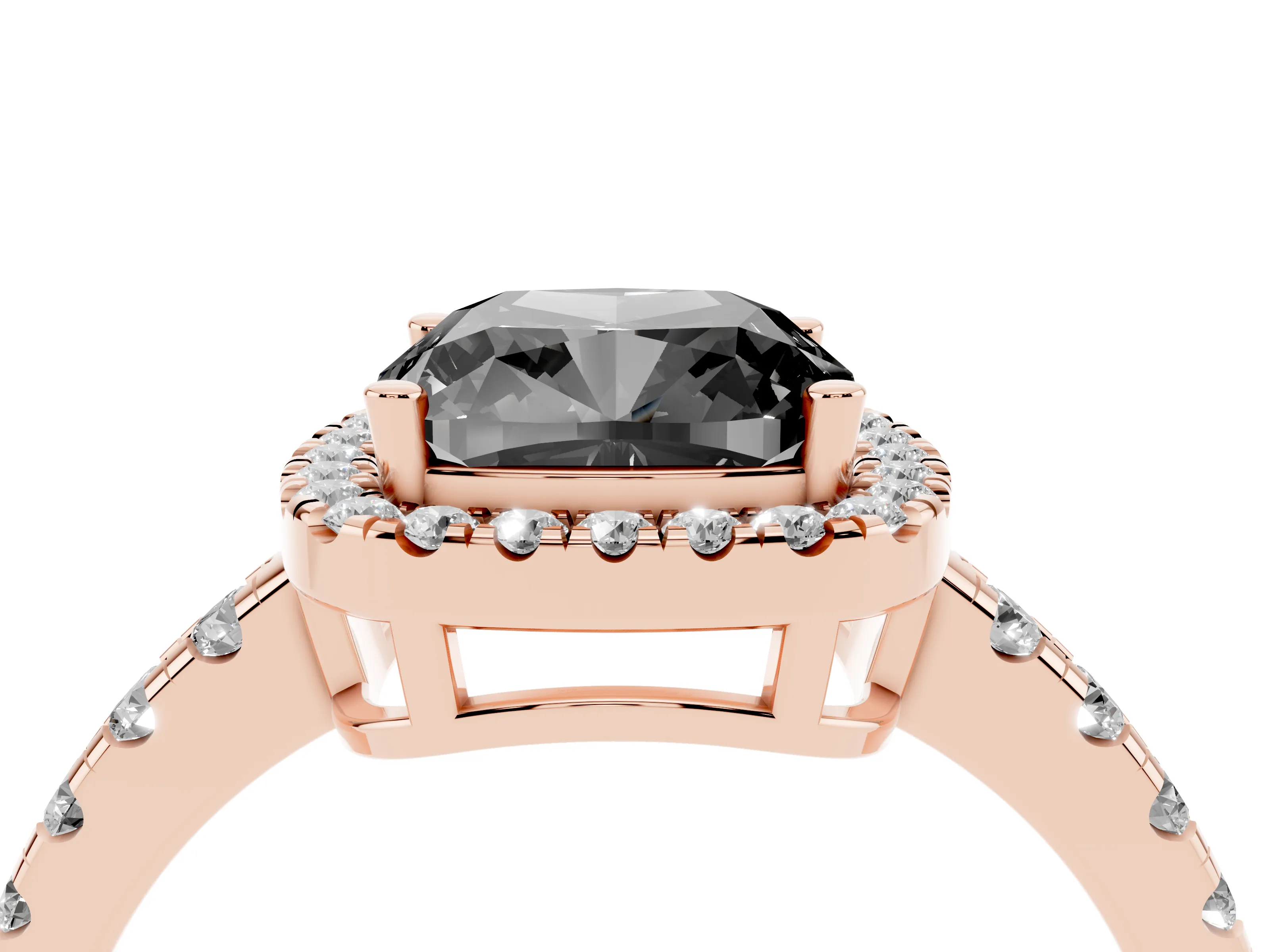 Fancy Black Cushion Cut Diamond Halo Ring Set in Rose gold with Delicate Pavé Band and Prong Setting