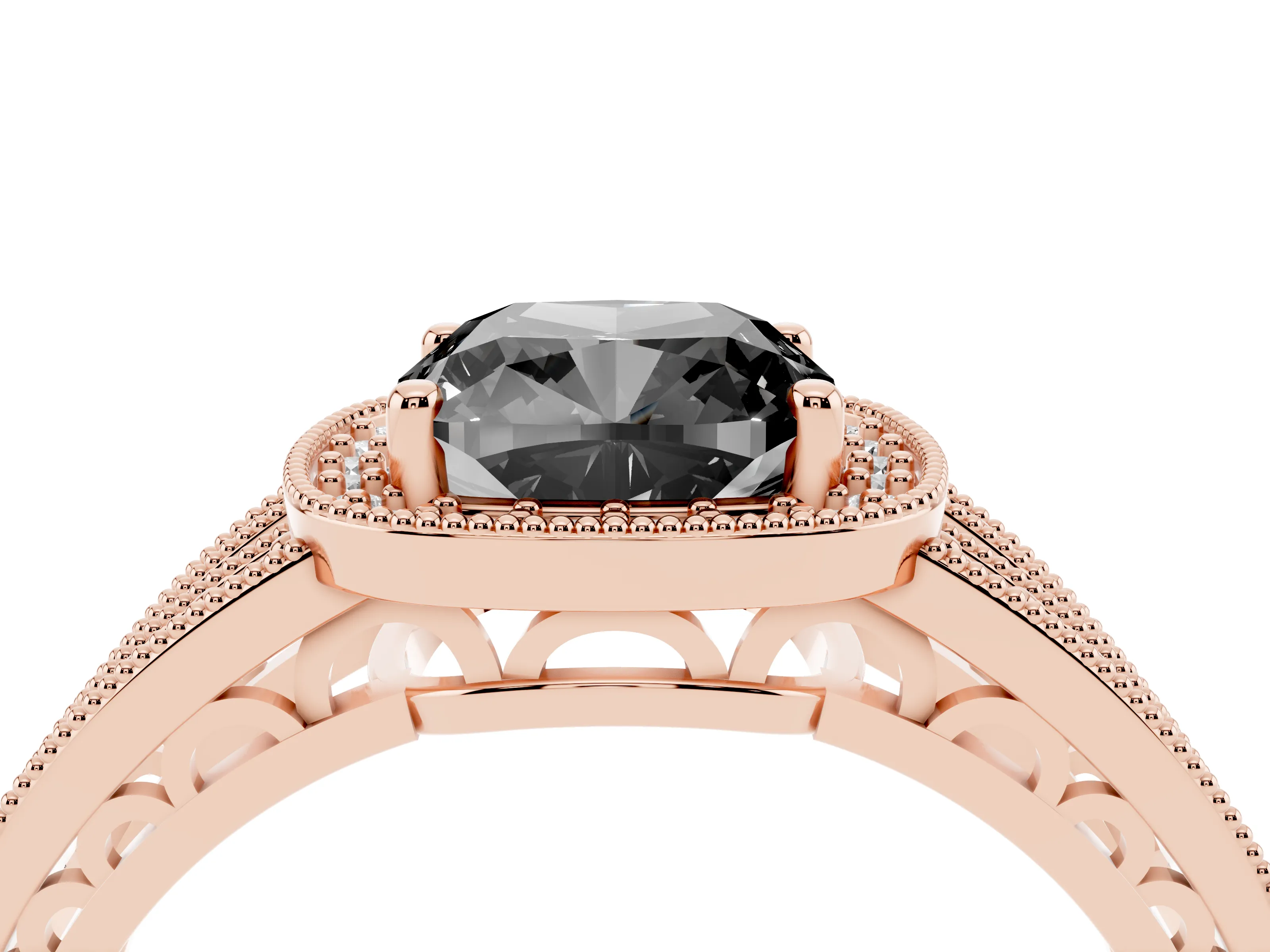 Fancy Black Cushion Cut Diamond Halo Ring Set in Rose gold with Accent Split Shank and Prong Setting