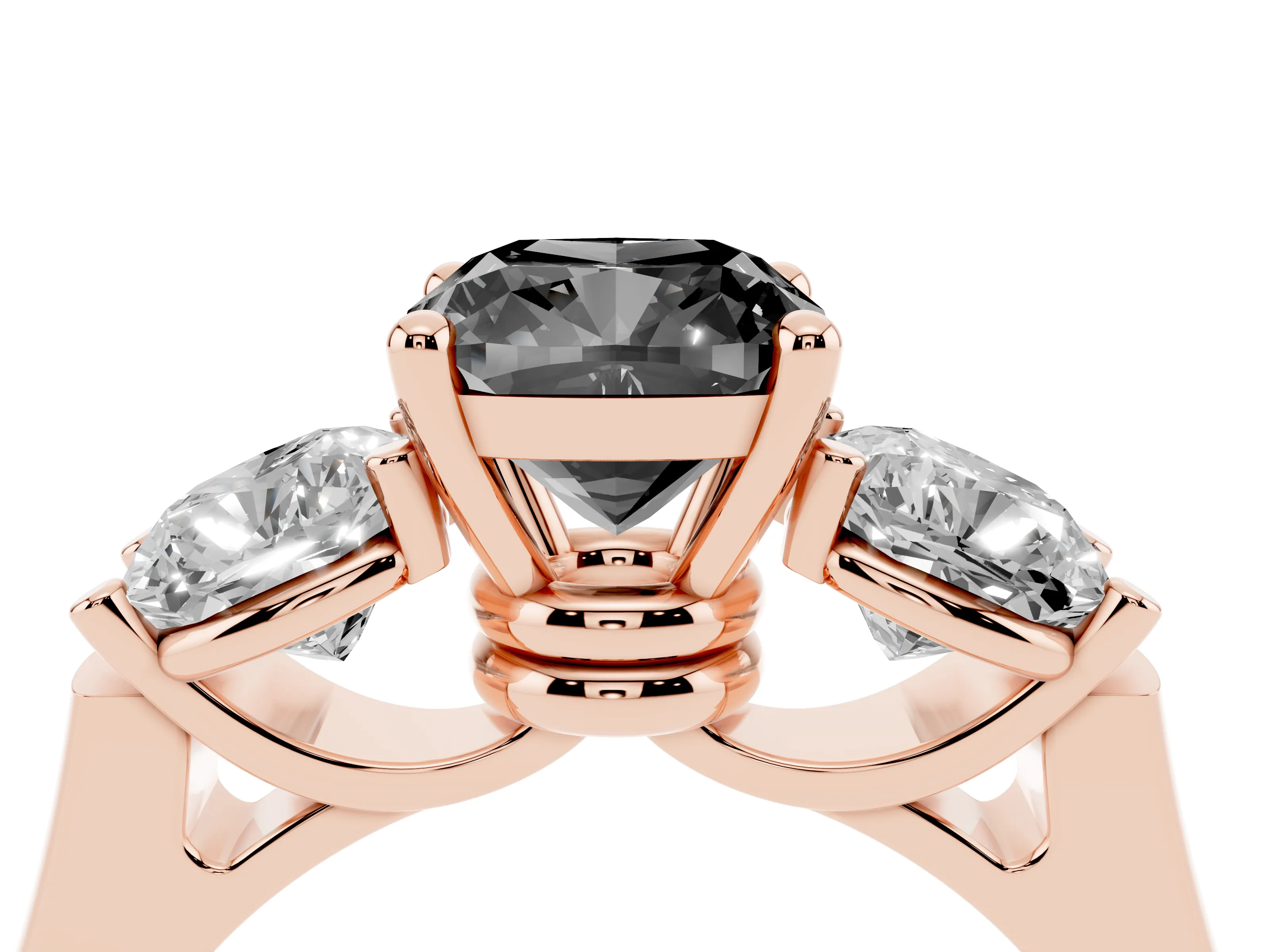 Fancy Black Cushion Cut Diamond Three-Stone Trellis Ring Set in Rose gold with Comfort Fit Band
