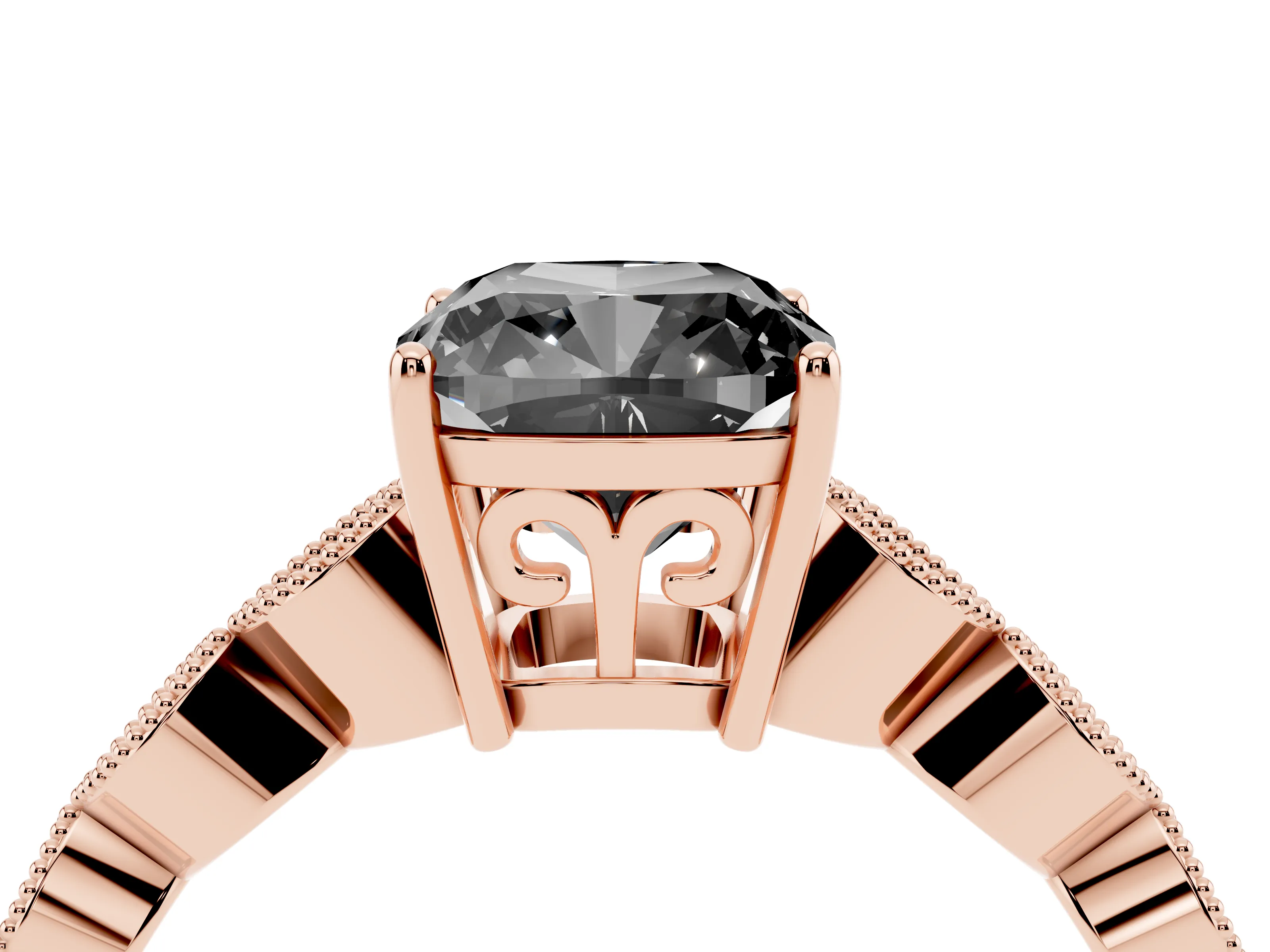 Fancy Black Cushion Cut Diamond Solitaire Ring Set in Rose gold with Infinity Twist Pavé Band