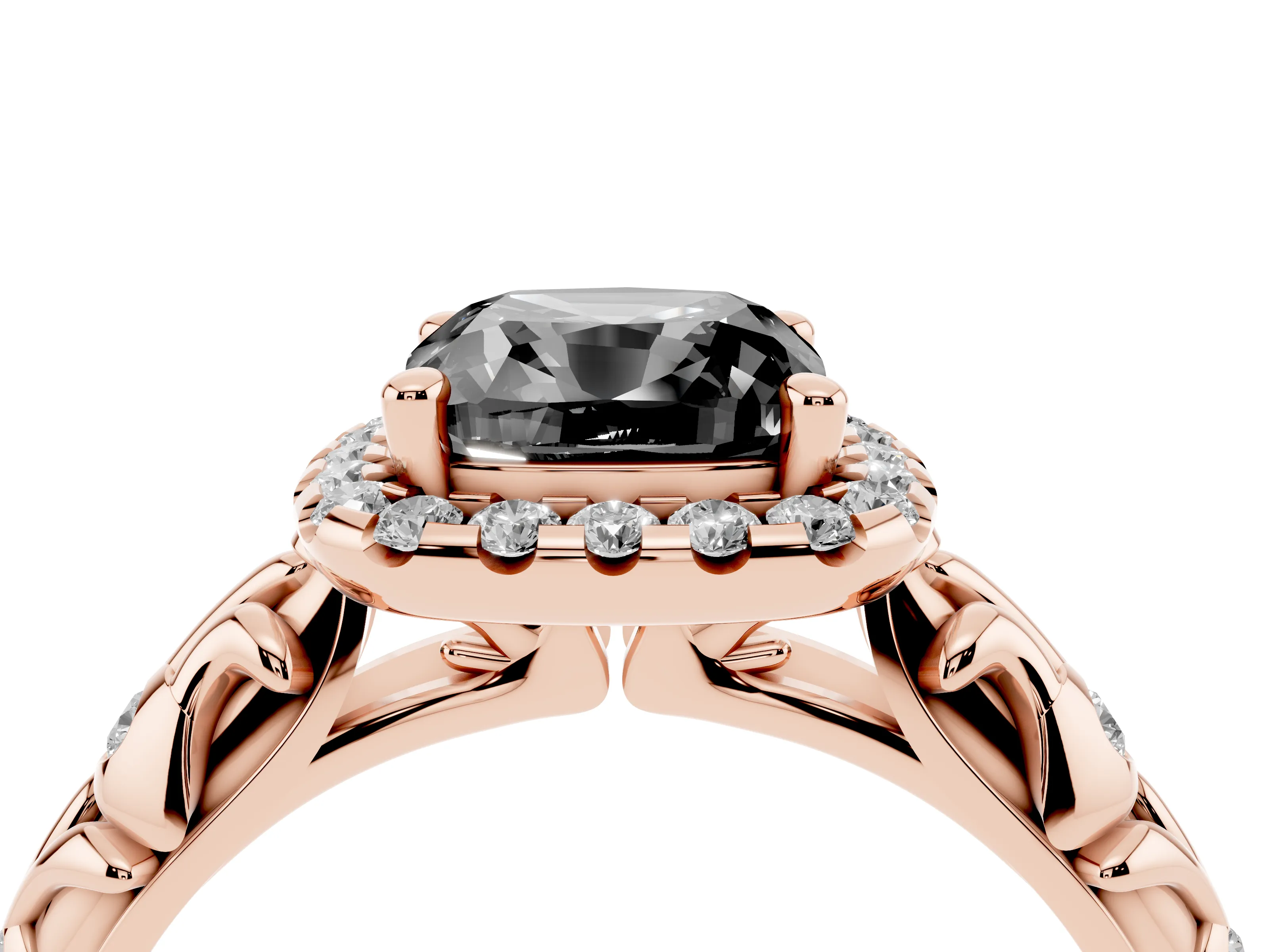 Fancy Black Cushion Cut Diamond Halo Ring Set in Rose gold with Filigree Leaf Band and Prong Setting