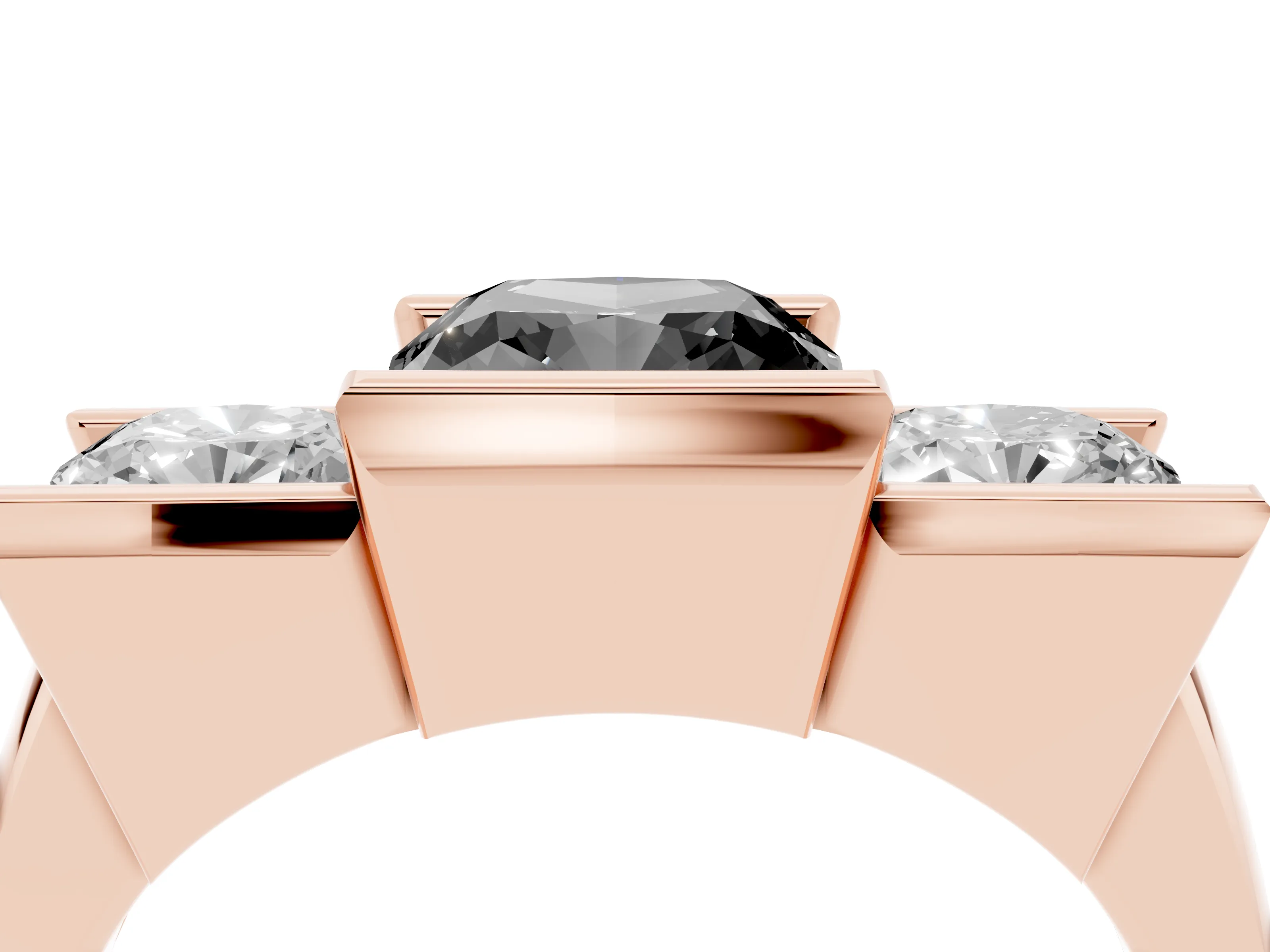 Fancy Black Cushion Cut Diamond Three-Stone Channel Set Ring Set in Rose gold with Smooth Polished Band