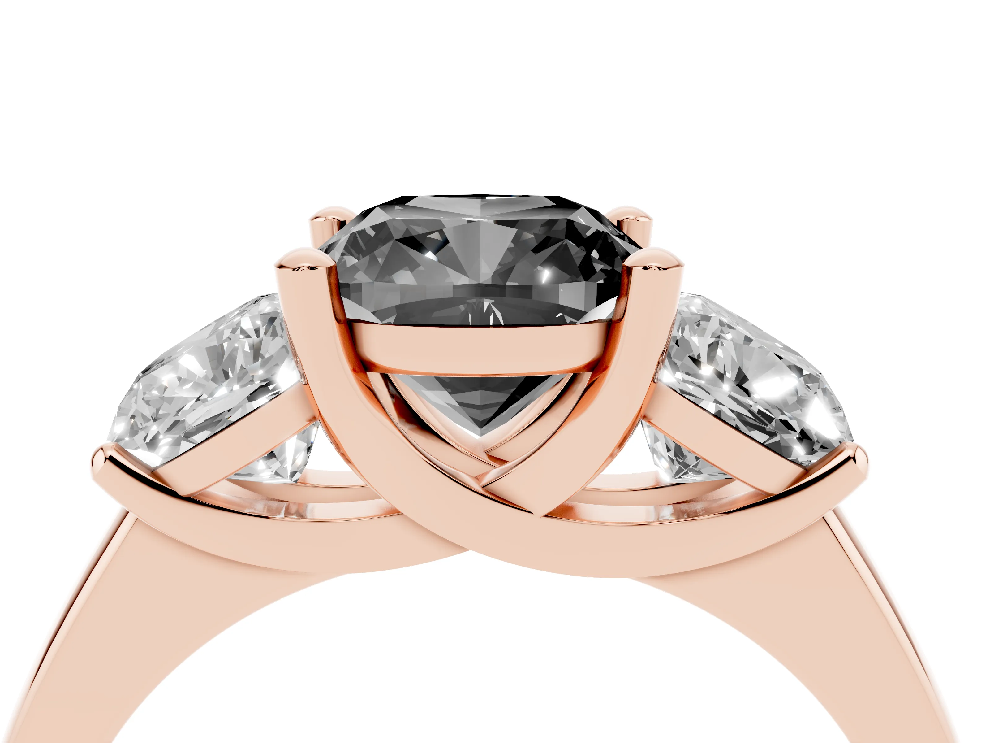 Fancy Black Cushion Cut Diamond Three-Stone Ring Set in Rose gold with Classic Prong Setting and Plain Band