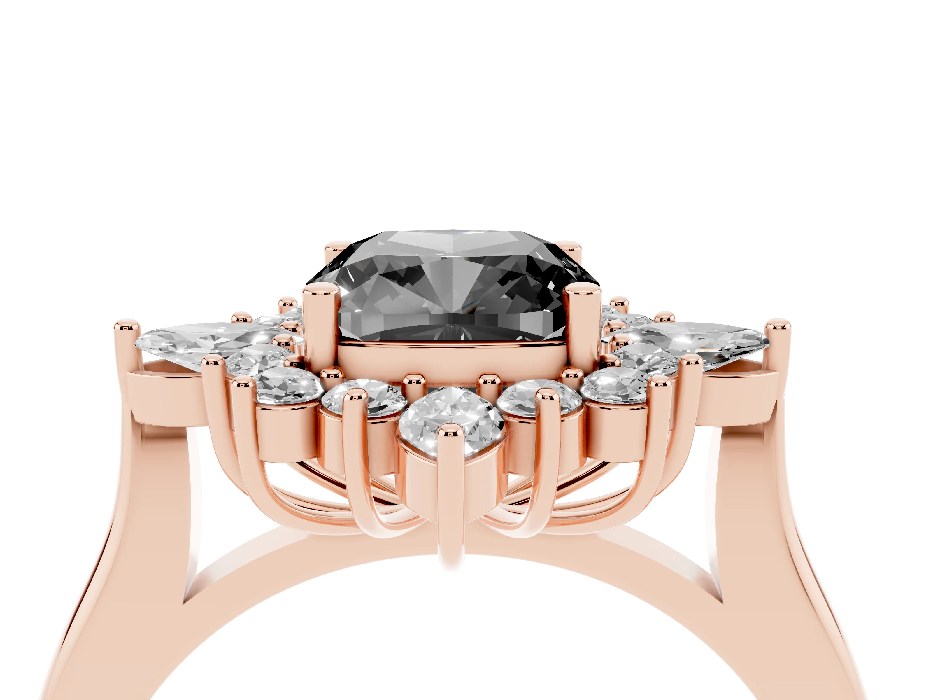 Fancy Black Cushion Cut Diamond Cluster Halo Ring Set in Rose gold with Marquise and Round Accents