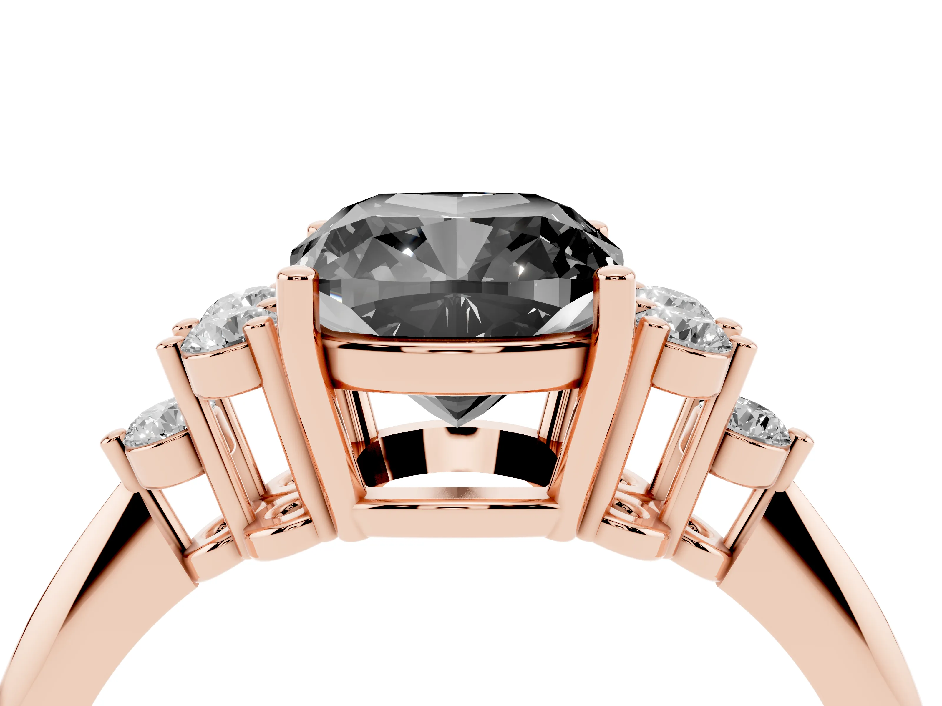 Fancy Black Cushion Cut Diamond Cluster Ring Set in Rose gold with Plain Band and Prong Setting