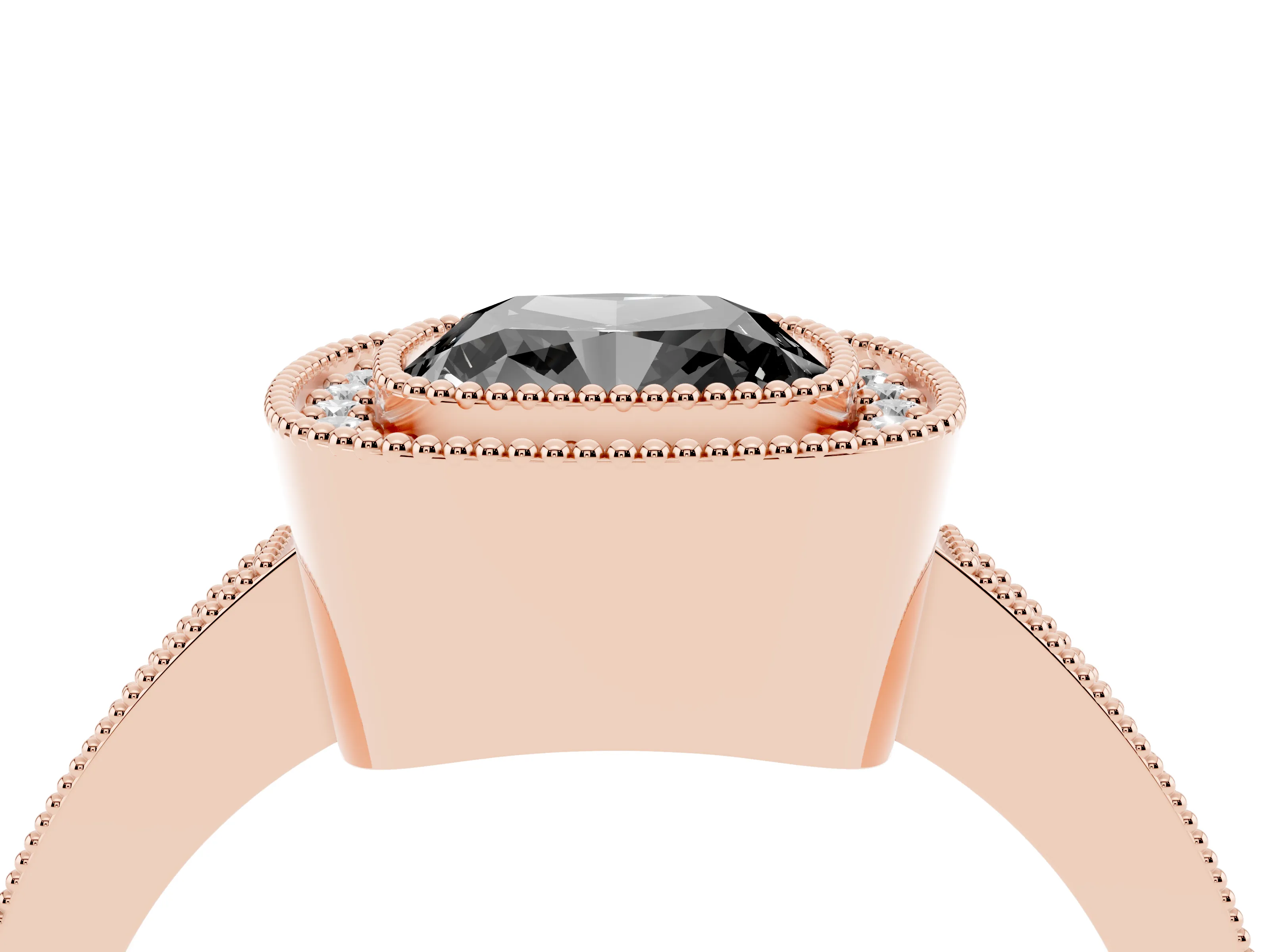 Fancy Black Cushion Cut Diamond Halo Engagement Ring Set in Rose gold with Pavé Band and Round Halo Stones