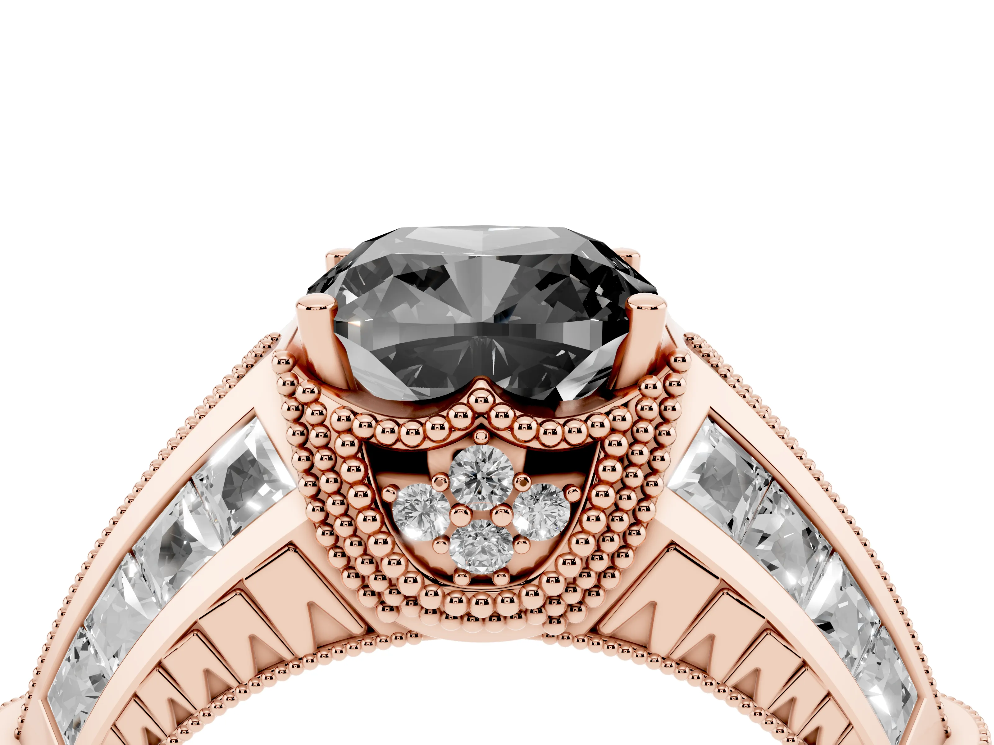 Fancy Black Cushion Cut Diamond Vintage-Inspired Milgrain Ring Set in Rose gold with Accent Split Shank