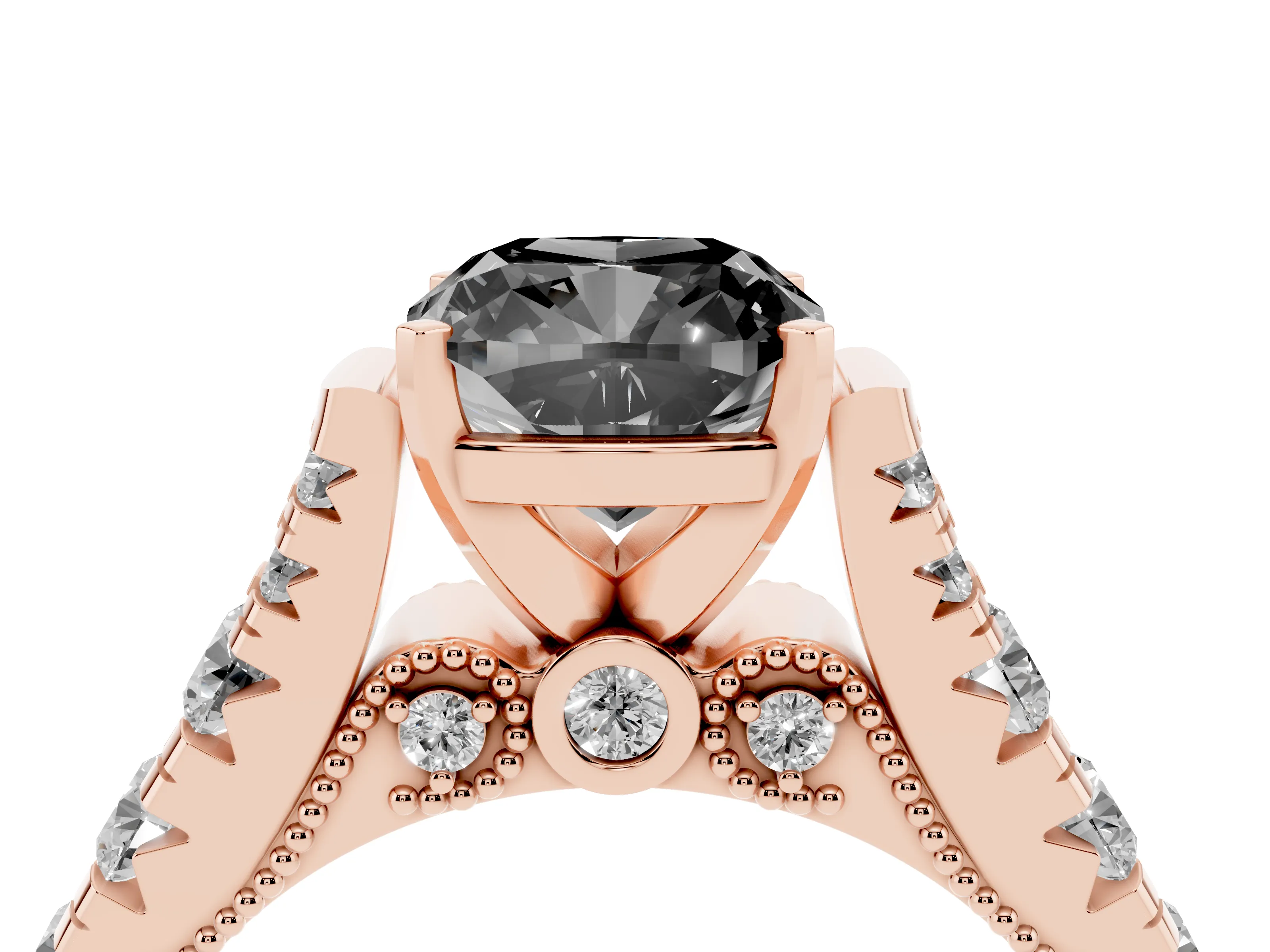 Fancy Black Cushion Cut Diamond Classic Solitaire Ring Set in Rose gold with Pavé Band and Prong Setting