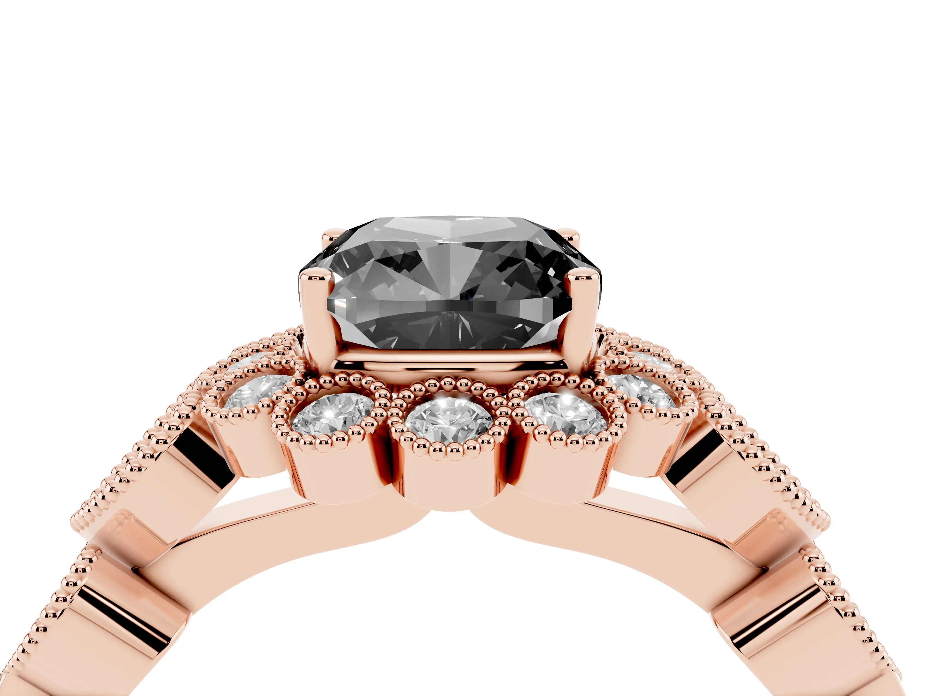 Fancy Black Cushion Cut Diamond Solitaire Ring Set in Rose gold with Milgrain Pavé Heart Band
