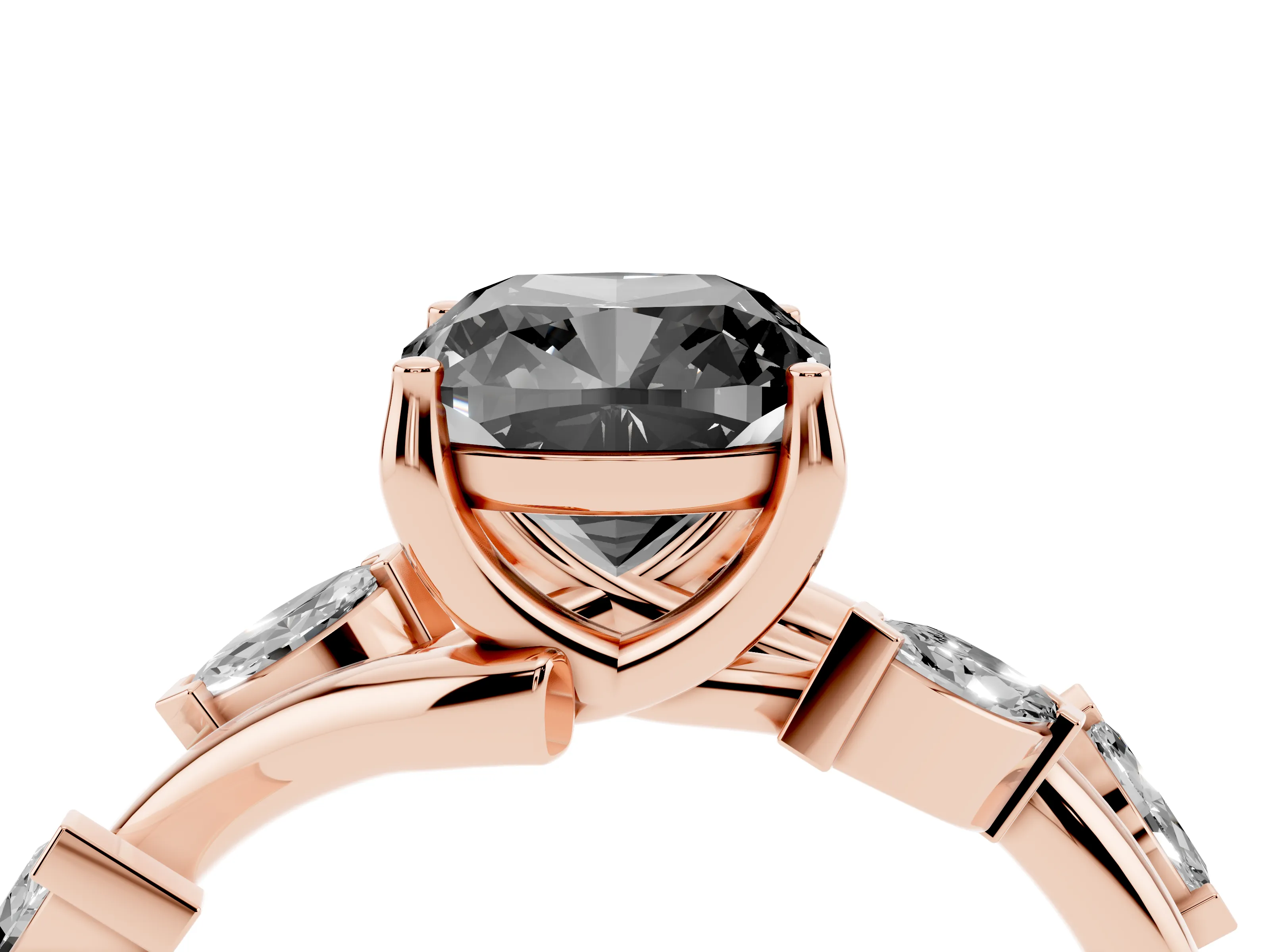 Fancy Black Cushion Cut Diamond Solitaire Ring Set in Rose gold with Twisted Marquise Accent Band