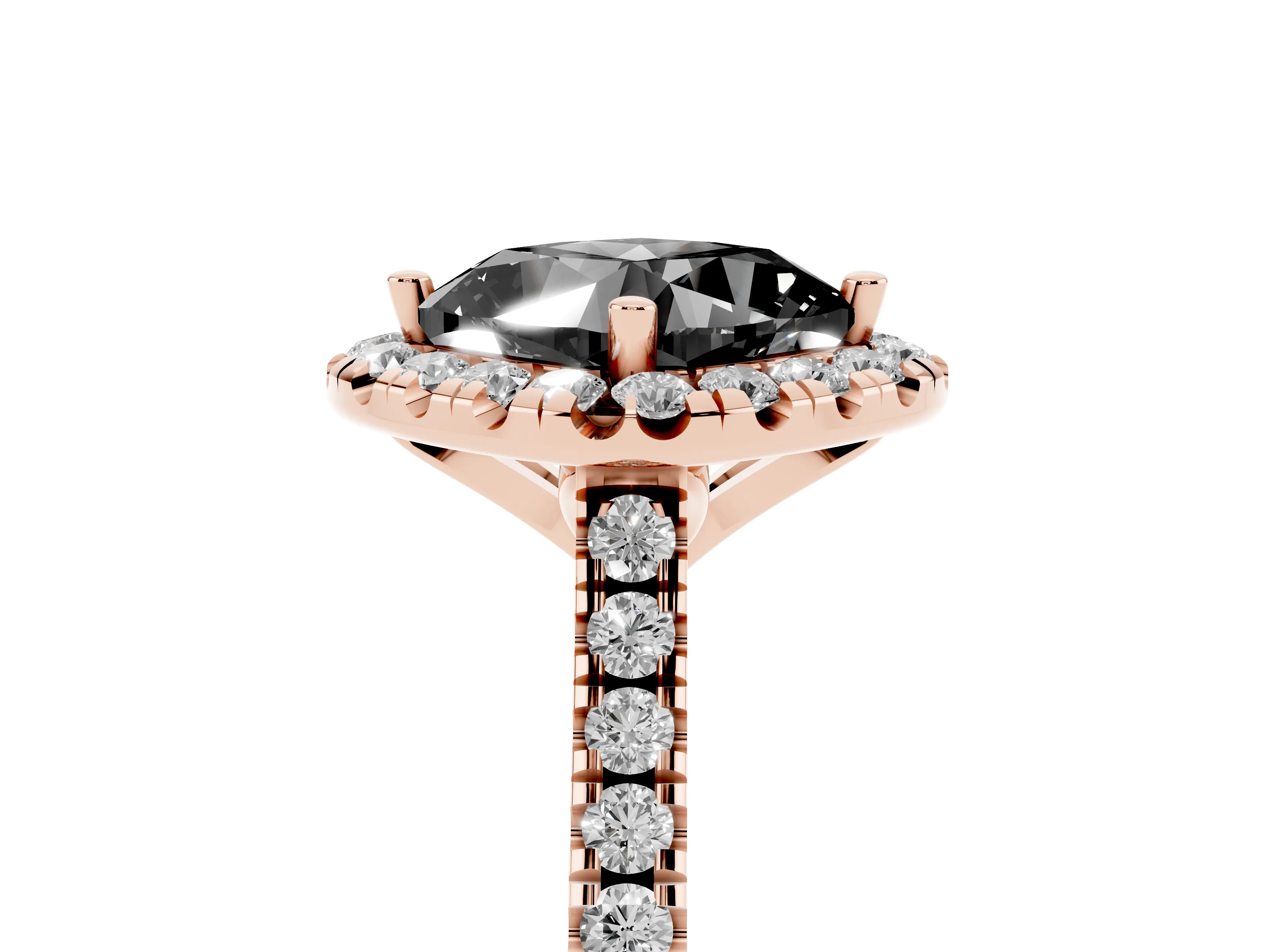 Fancy Black Cushion Cut Diamond Cushion Halo Ring Set in Rose gold with Pavé Band