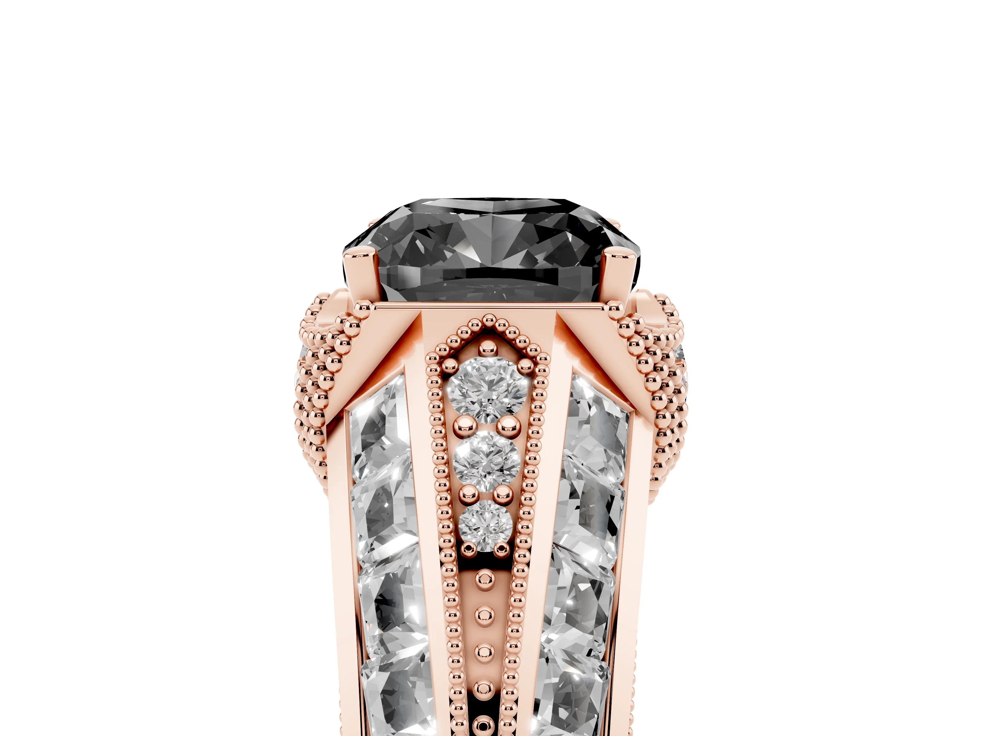 Fancy Black Cushion Cut Diamond Vintage-Inspired Milgrain Ring Set in Rose gold with Accent Split Shank