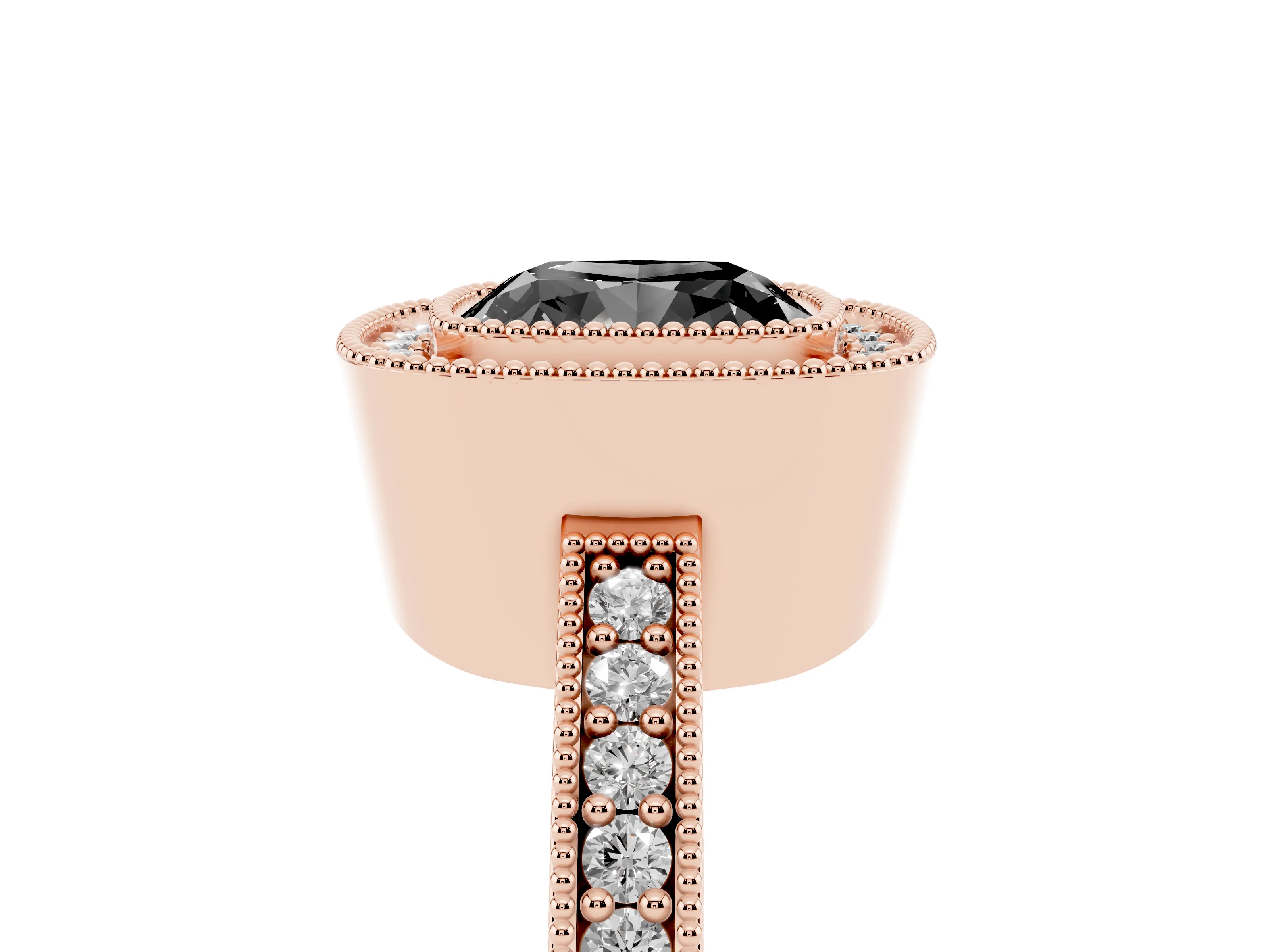 Fancy Black Cushion Cut Diamond Halo Engagement Ring Set in Rose gold with Pavé Band and Round Halo Stones