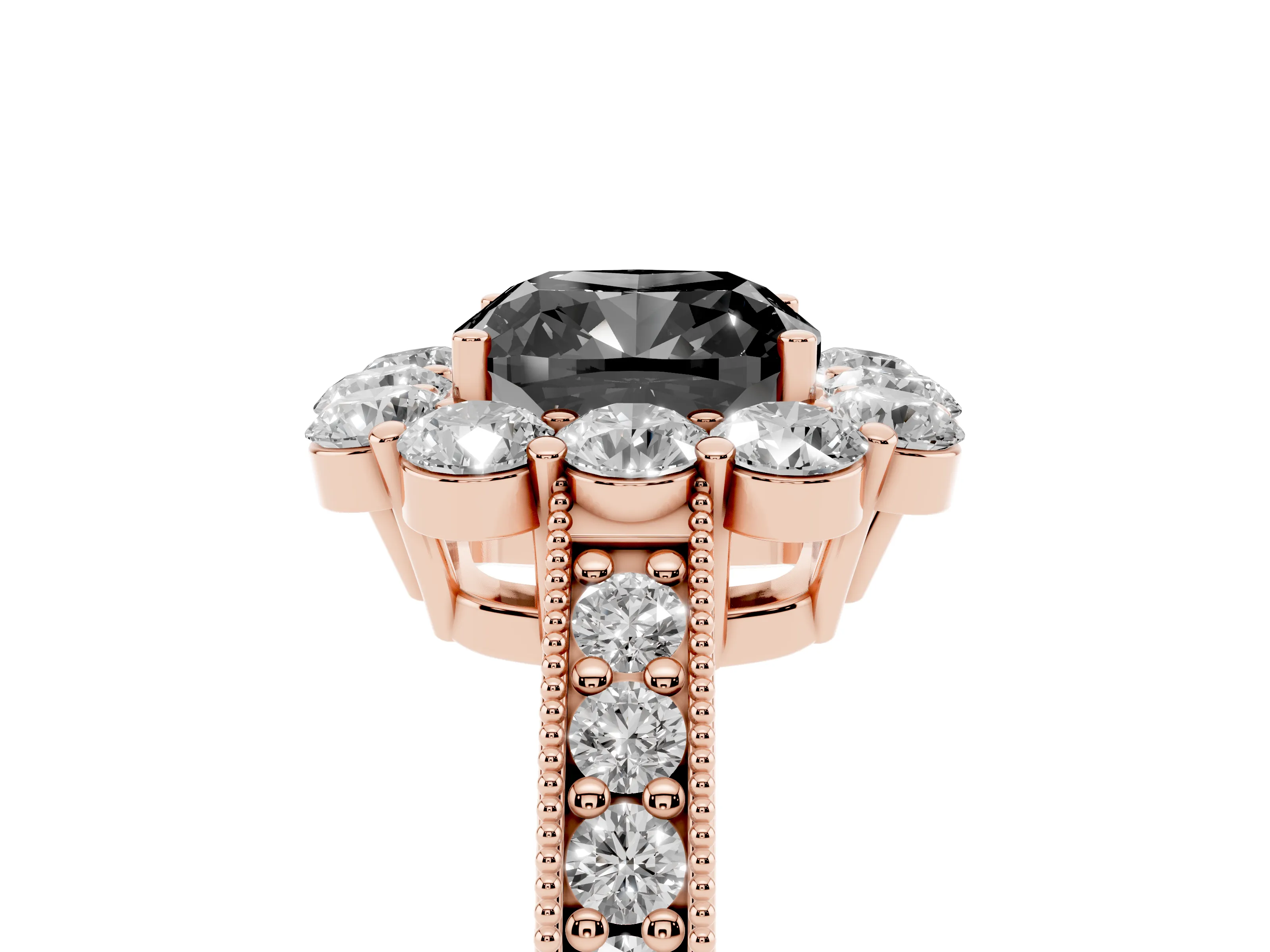 Fancy Black Cushion Cut Diamond Halo Pavé Engagement Ring Set in Rose gold with Milgrain Detailing