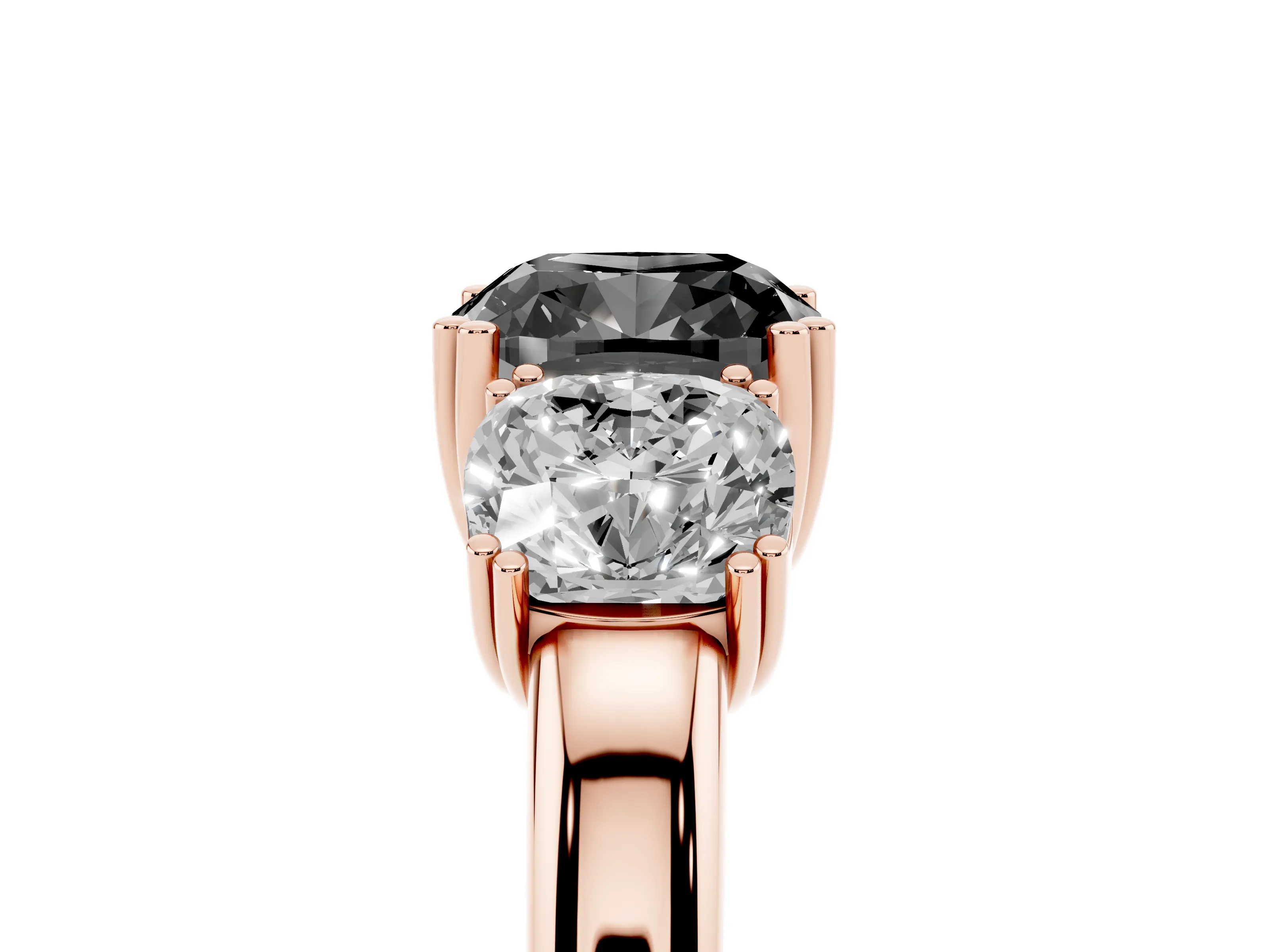 Fancy Black Cushion Cut Diamond Three-Stone Ring Set in Rose gold with Polished Band and Prong Setting