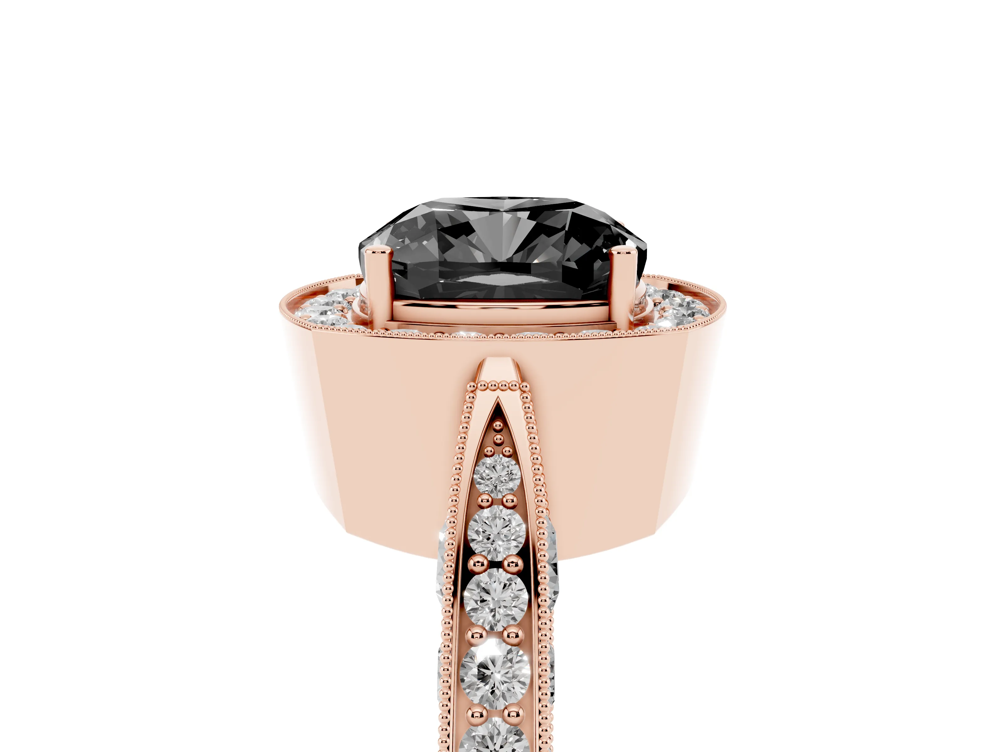 Fancy Black Cushion Cut Diamond Halo Engagement Ring Set in Rose gold with Accent Split Shank Band