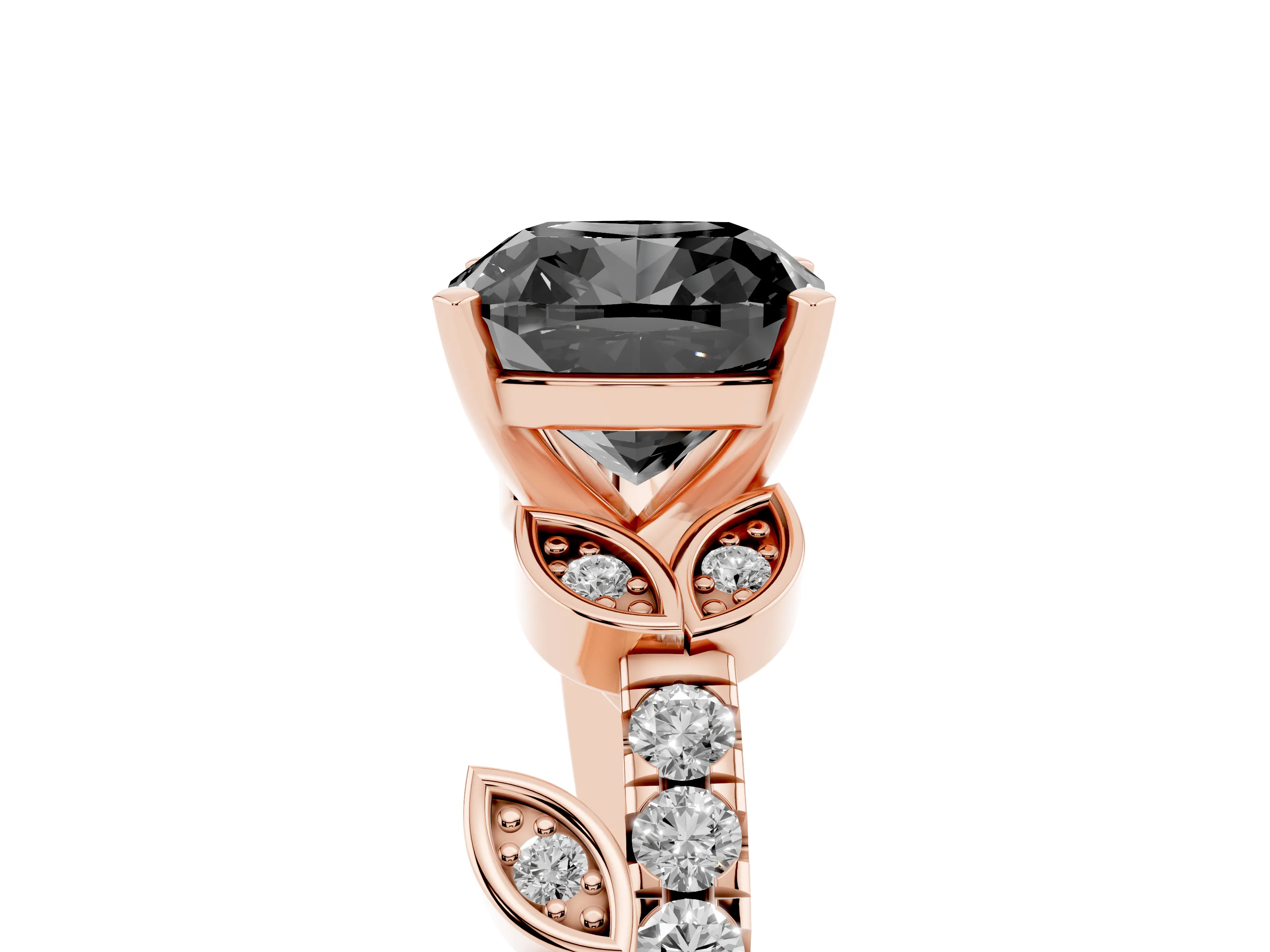 Fancy Black Cushion Cut Diamond Solitaire Leaf-Inspired Ring Set in Rose gold with Pavé Band and Prong Setting