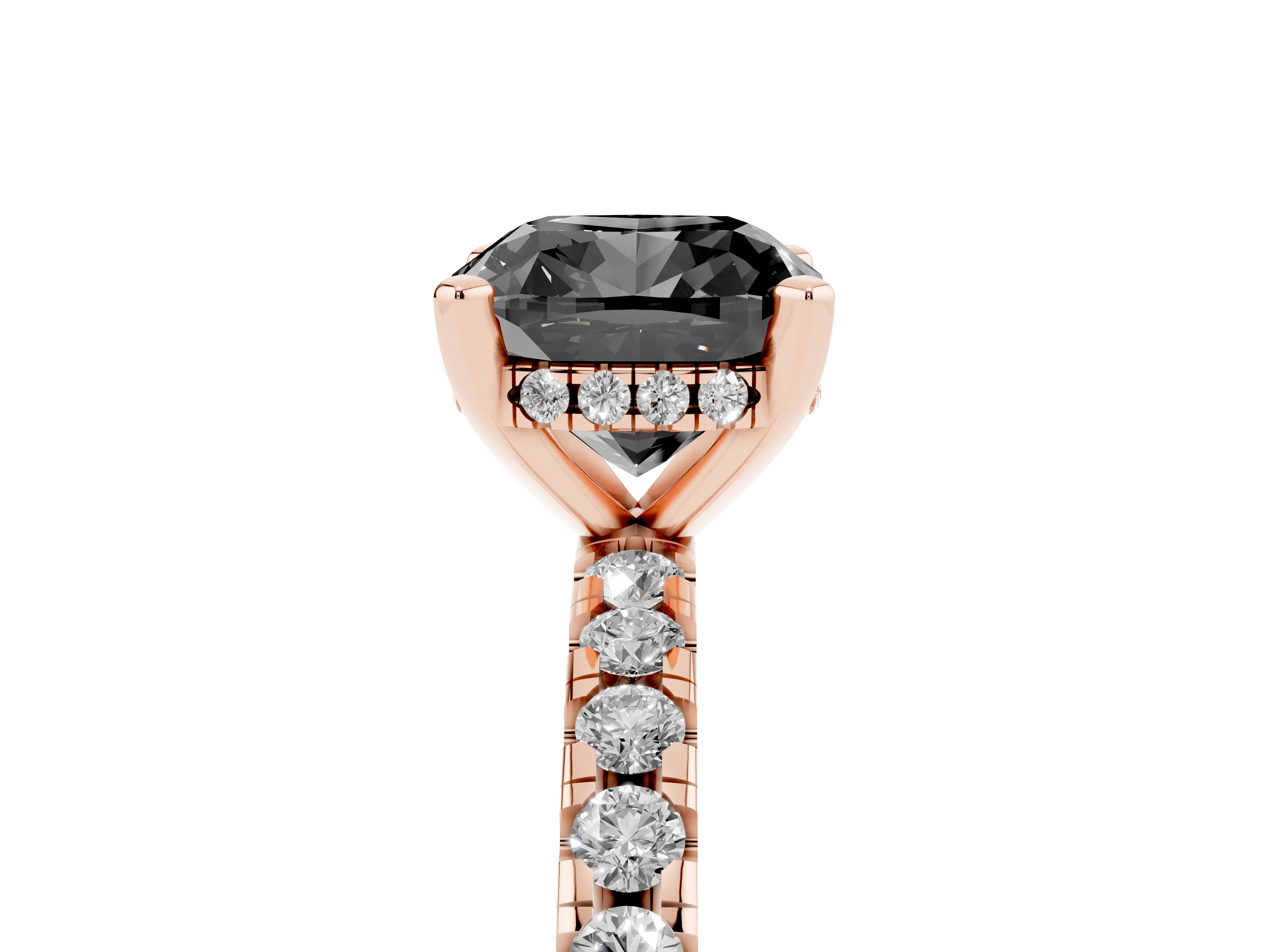 Fancy Black Cushion Cut Diamond Pavé Solitaire Ring Set in Rose gold with Round Band Accents and Prong Setting