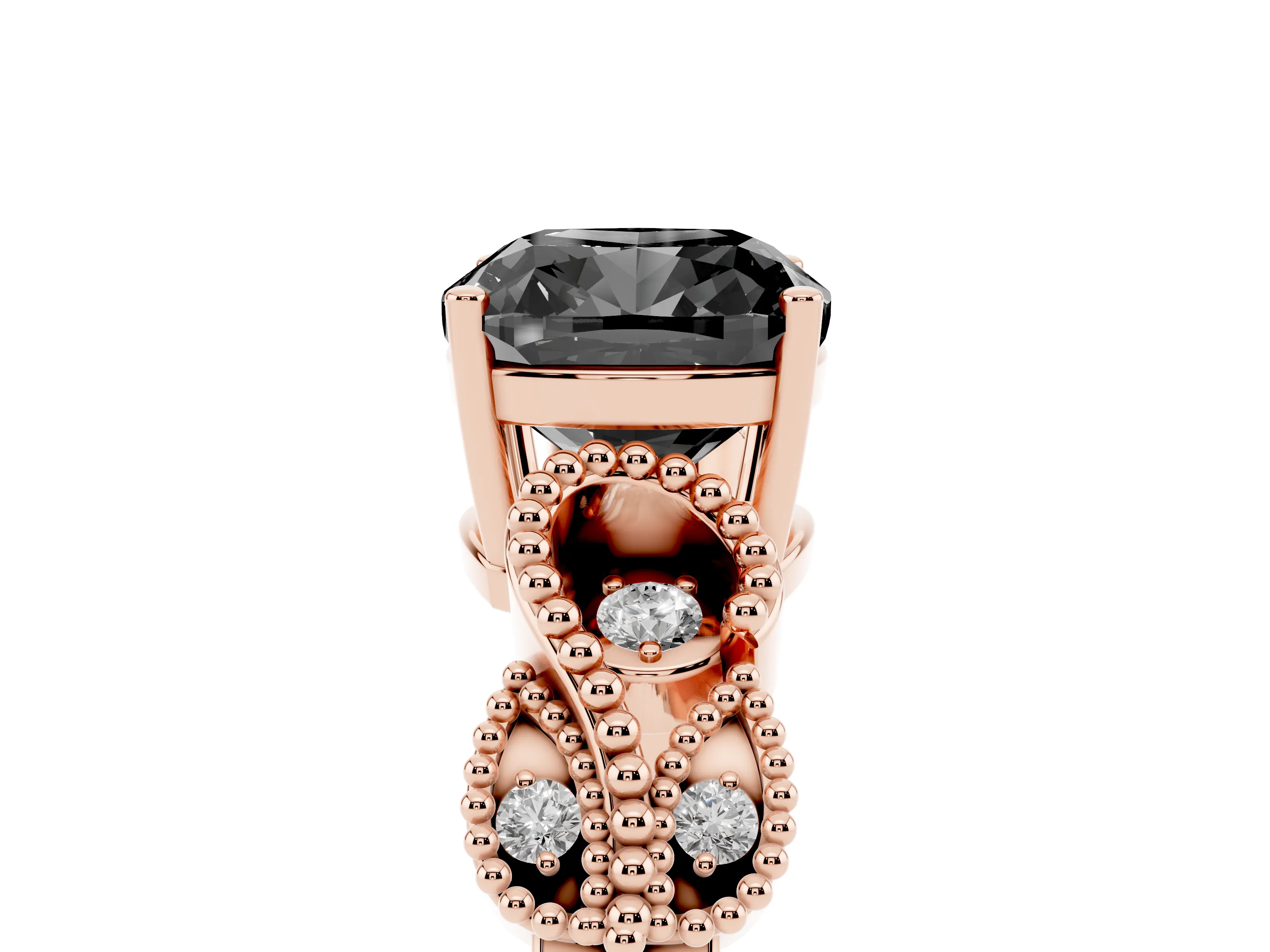 Fancy Black Cushion Cut Diamond Milgrain Leaf Band Solitaire Ring Set in Rose gold with Accent Stones and Prong Setting