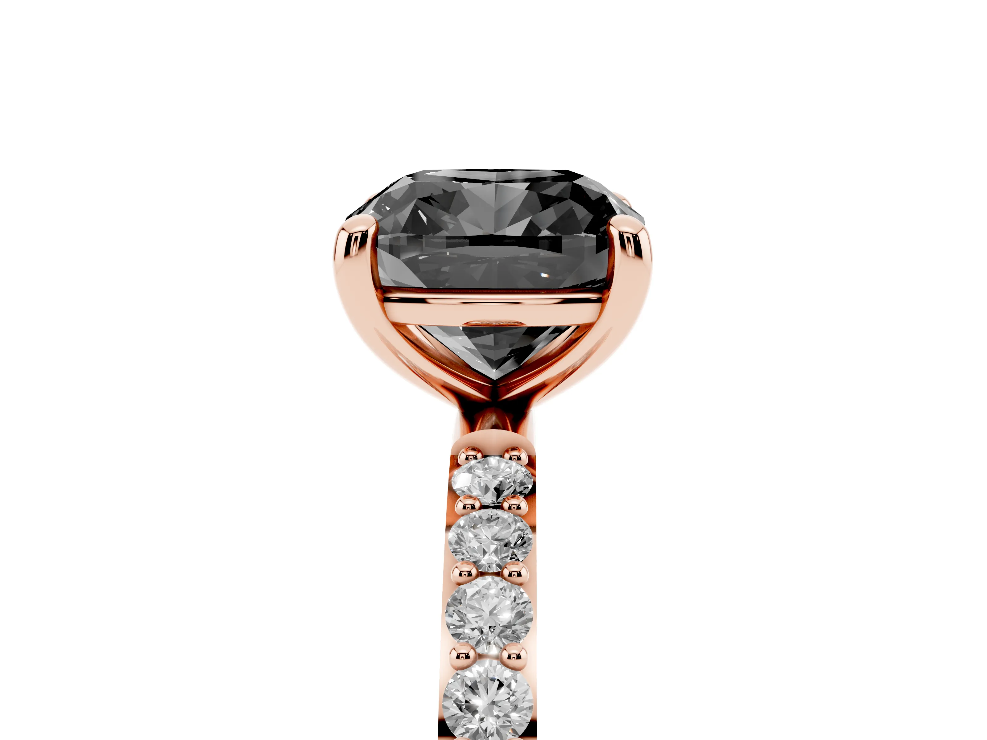 Fancy Black Cushion Cut Diamond Solitaire Ring Set in Rose gold with Round Pavé Band and Prong Setting